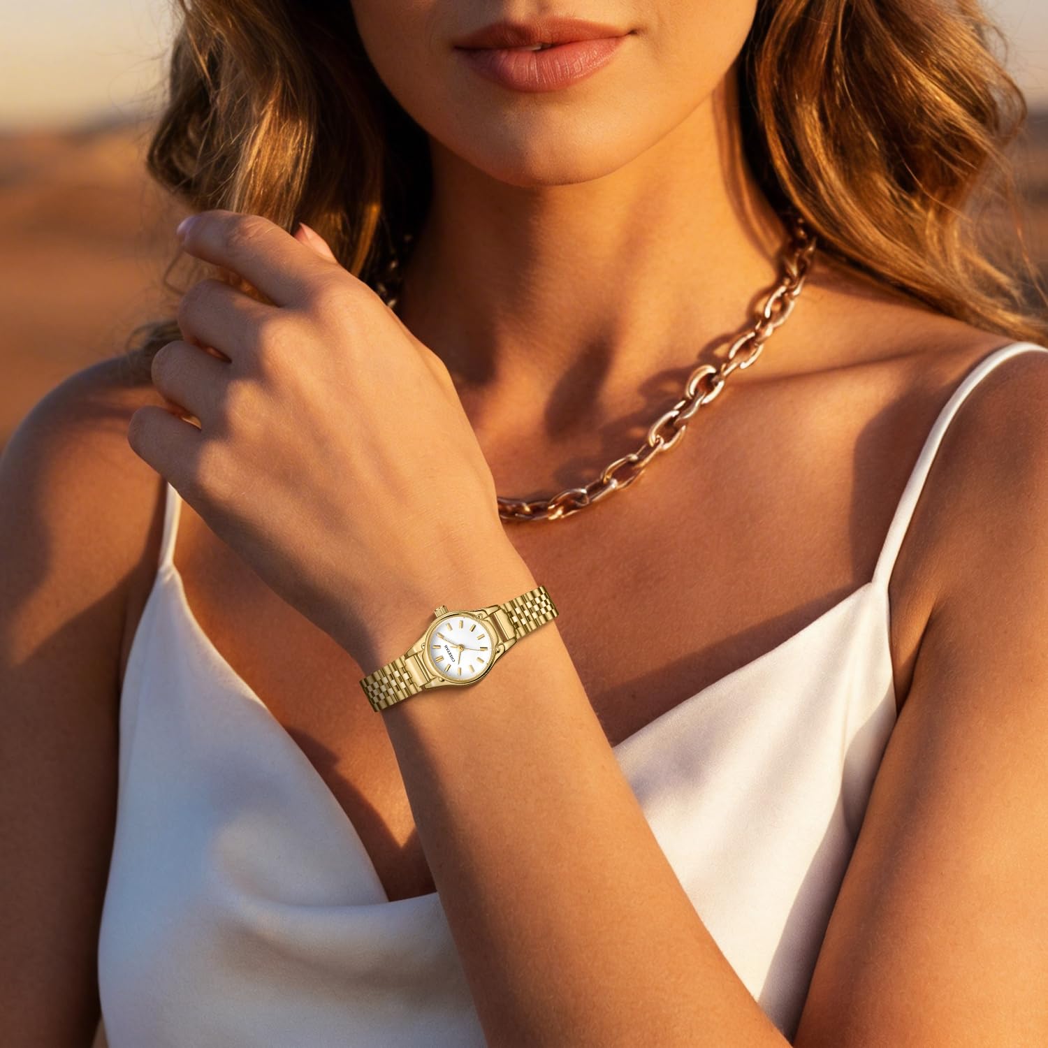 CHEETAH Goldene Uhren für Damen, zierliches kleines rundes Zifferblatt, mit Edelstahl-Armband, wasserdicht