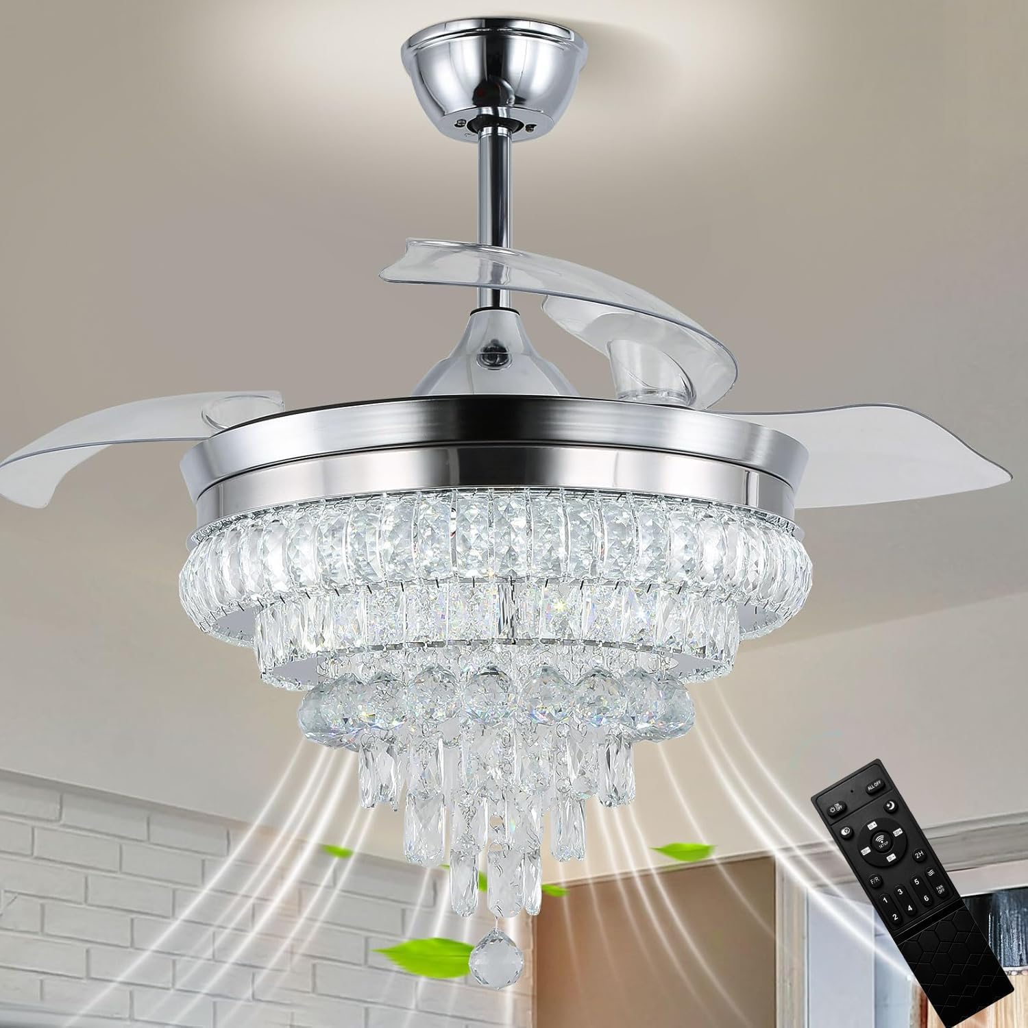 CLAIRDAI 42" Chrome Crystal Chandelier Ceiling Fan with Lights and Remote, Dimmable Fandelier with Retractable Blades, 6 Speeds, 3 Color LED, Memory Function