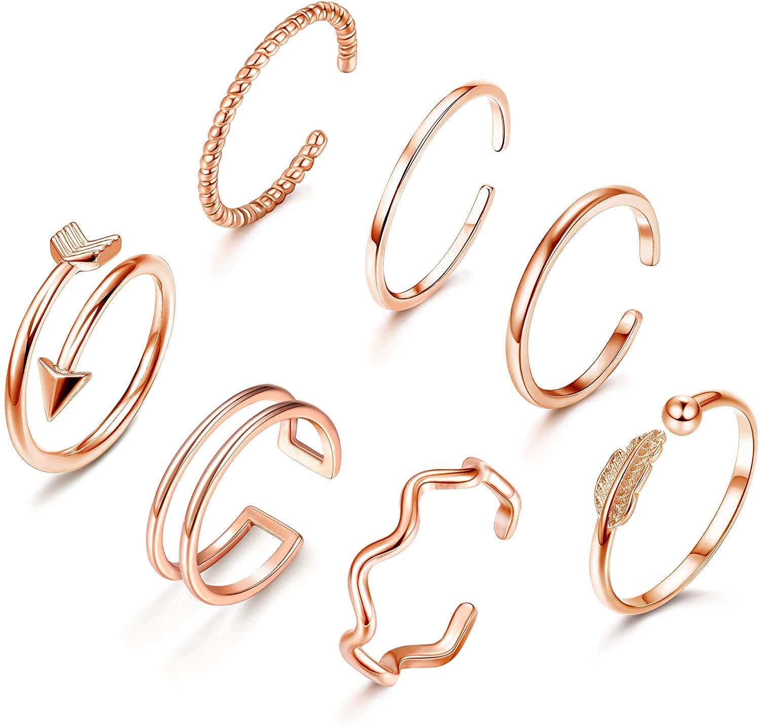 MILACOLATO7PCS Conjunto de Anillos de Dedo de Banda Ajustable Lindo Minimalista Plata Oro Rosa Oro Ola Conjunto Midi de Anillos Abiertos Apilables para Mujeres y Niñas