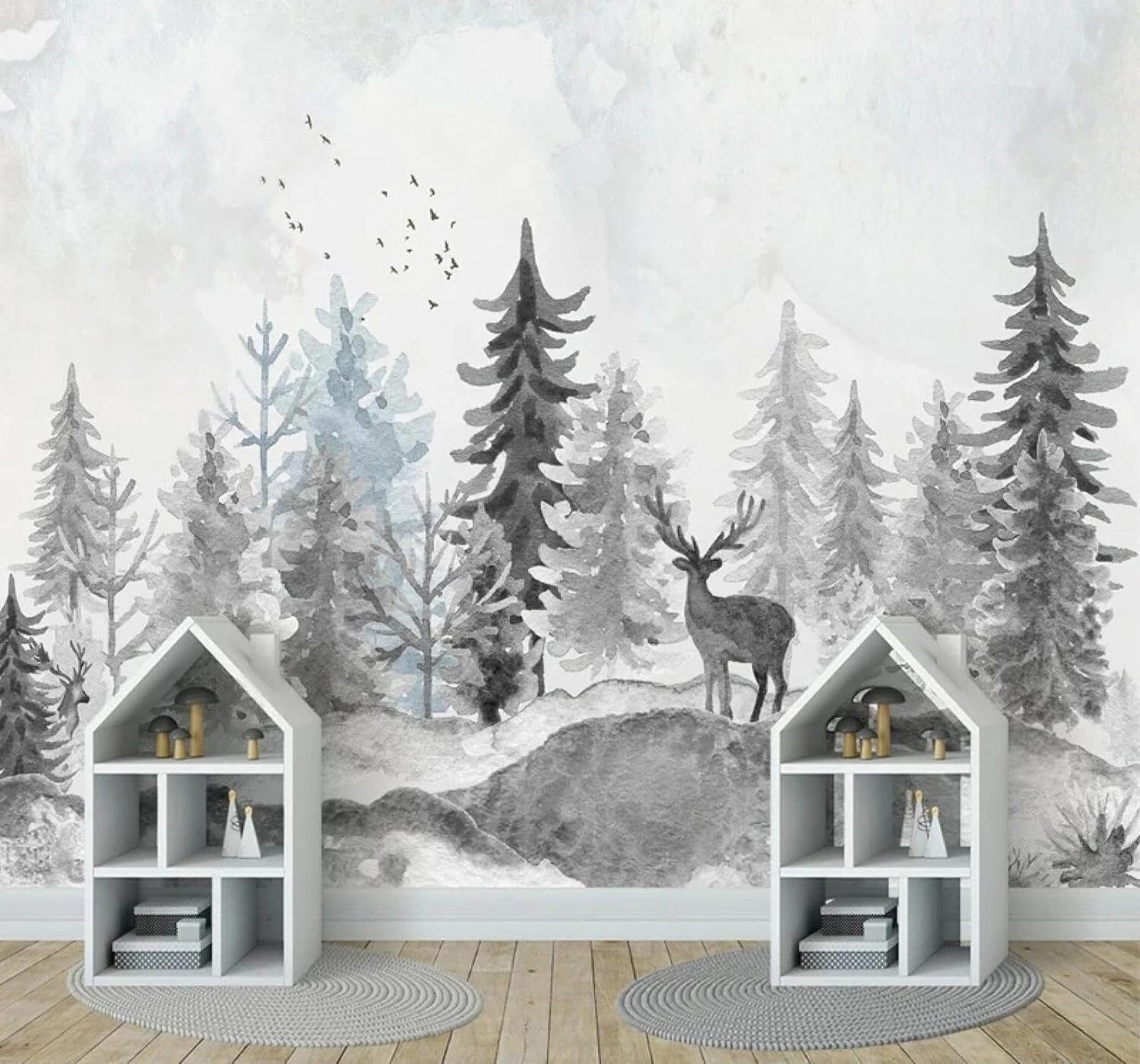 XLMING Hand Drawn Black and White Forest Reindeer Scenery 3D Wallpaper Luxury Home Dining Decor Paste Sofa Living Room The Wall for Bedroom Mural-430cm×300cm