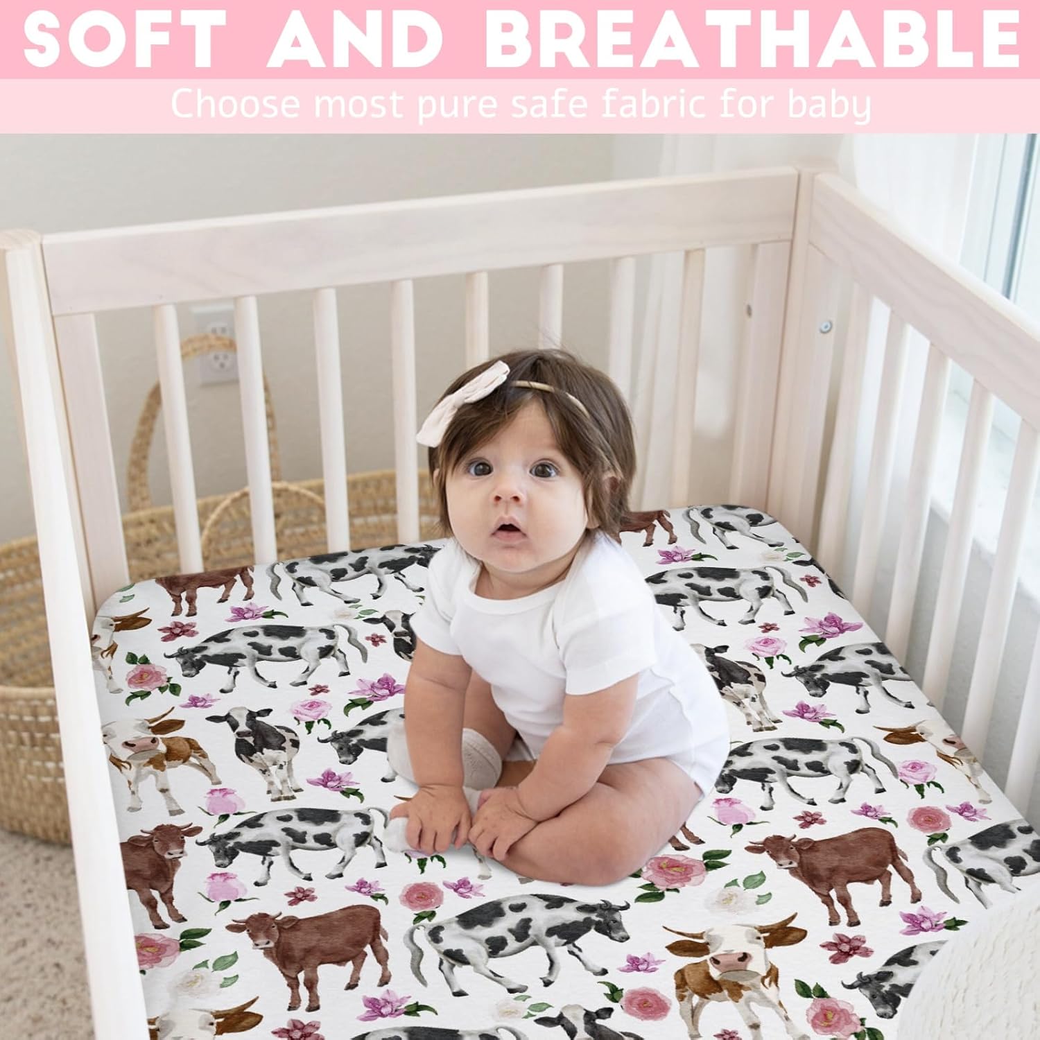 Watercolor Cows Boho Floral Baby Crib Sheets 52''x28'' Farm Cows Cattle Yak Fitted Crib Mattress Cover Sheets for Boy Girl Nursery Toddler Bed Sheets for Standard Crib and Toddler Mattresses