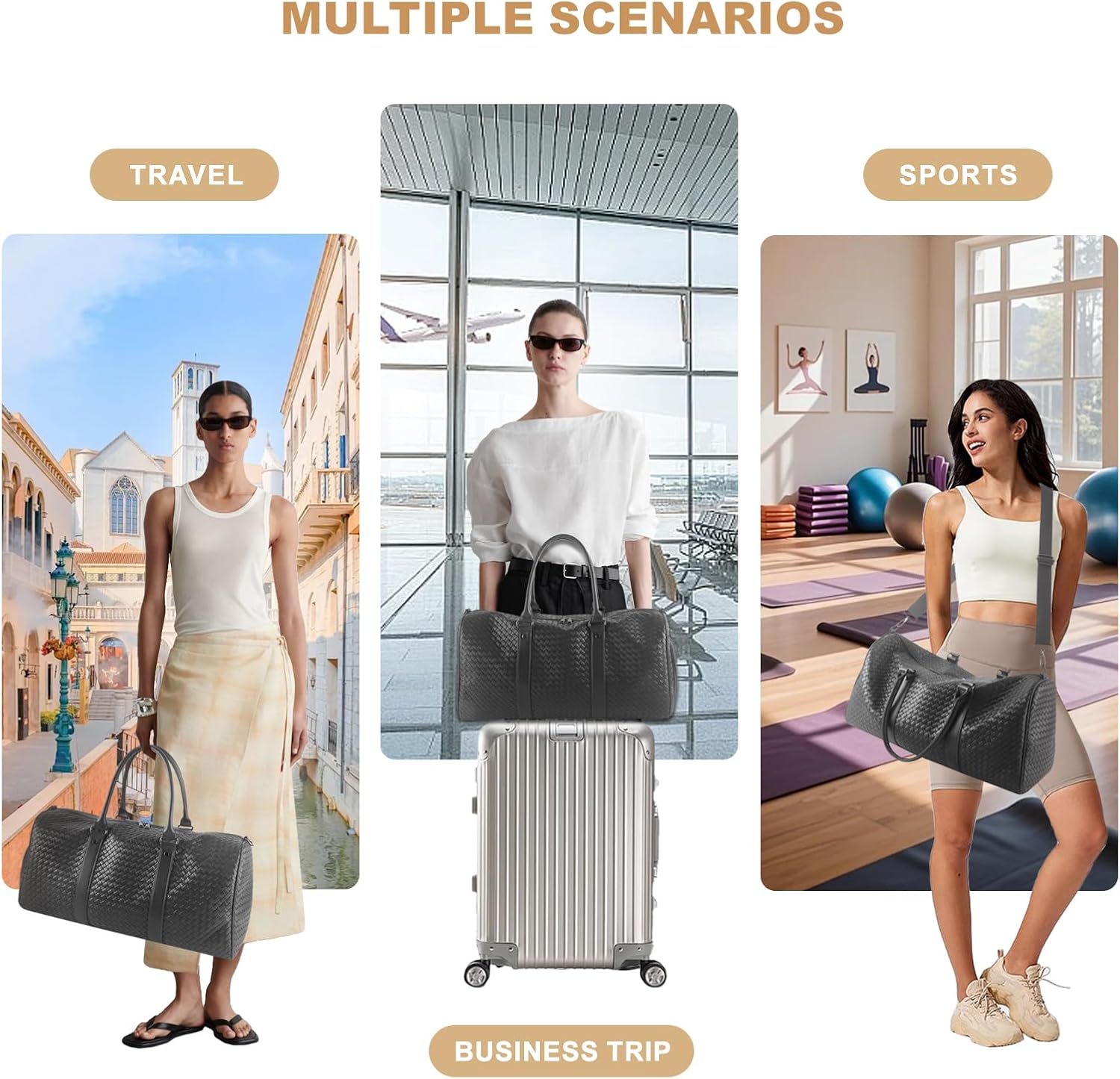 Weekender Bags for Women Woven Leather Travel Duffel Bag with Shoe Compartment, Carry On Garment Bag for Men Women, Large Capacity Water-resistant Gym Tote (Gray) - Image 6