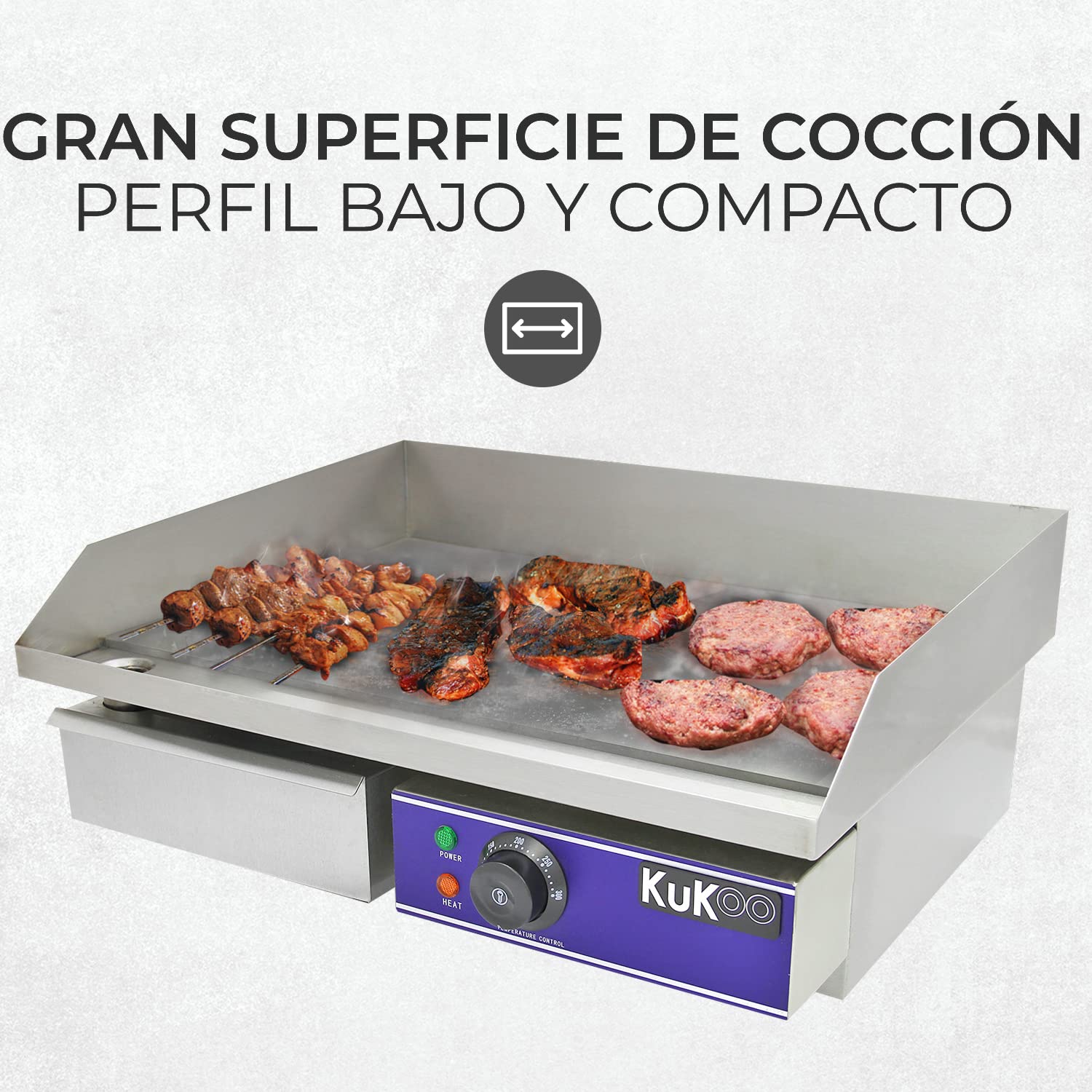 Plancha Profesional Antiadherente Eléctrica de 50cm de Acero Inoxidable Grill Parrilla de Asar Cocina Cocción Barbacoa BBQ+Protector contra Salpicaduras+Cajón Drenaje para Grasa+Termostato Ajustable