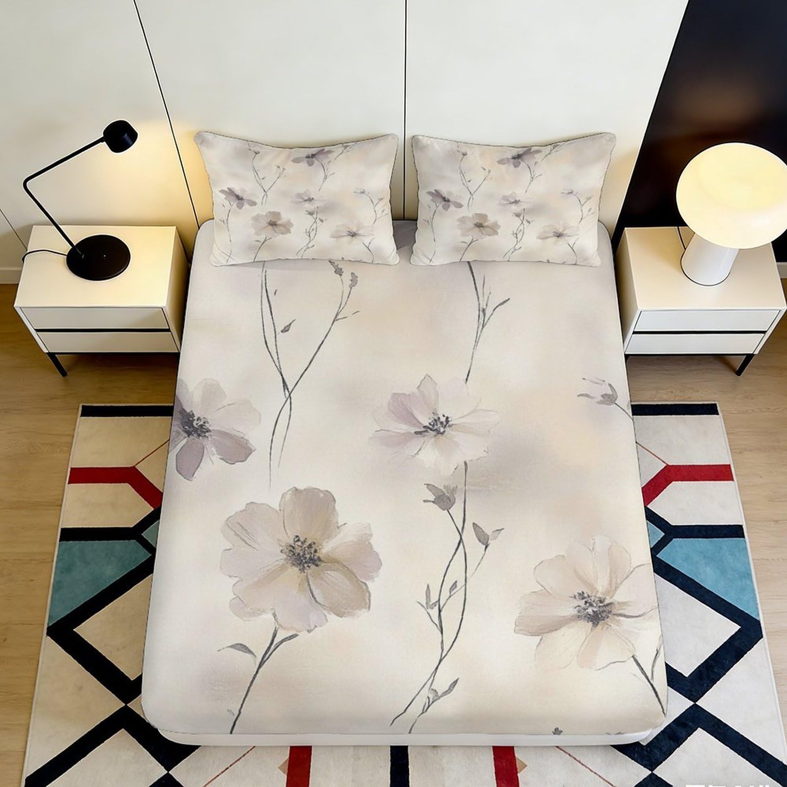 3D Printed Watercolor Flower Fitted Sheet Microfiber Soft Mattress Cover Beige Floral for Bedroom Guest Room Decor 180x200x25cm