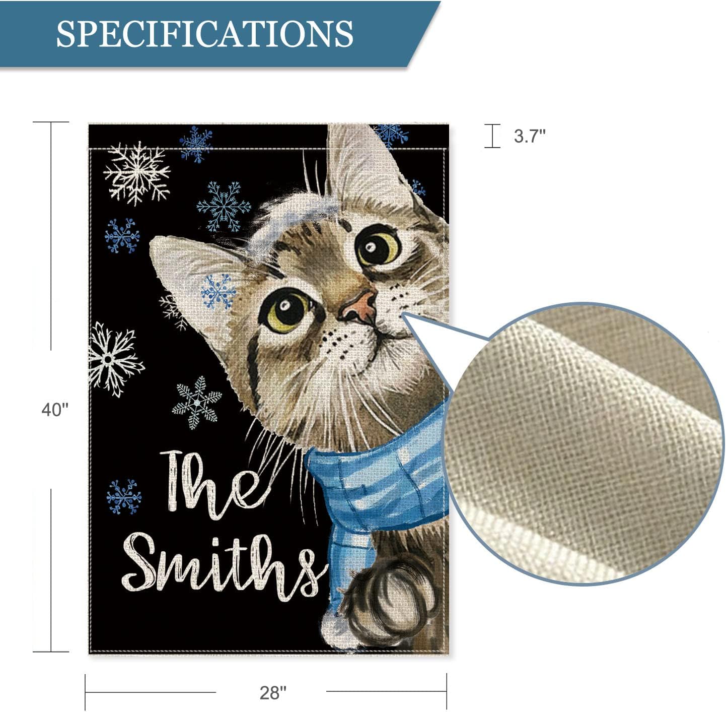 Smile Personalized Merry Christmas Winter House Flag, Cat with Scarf Custom Family Name and Established Year, Double Sided 28 x 40 Inch Rustic Farmhouse Burlap Yard Outdoor Decoration