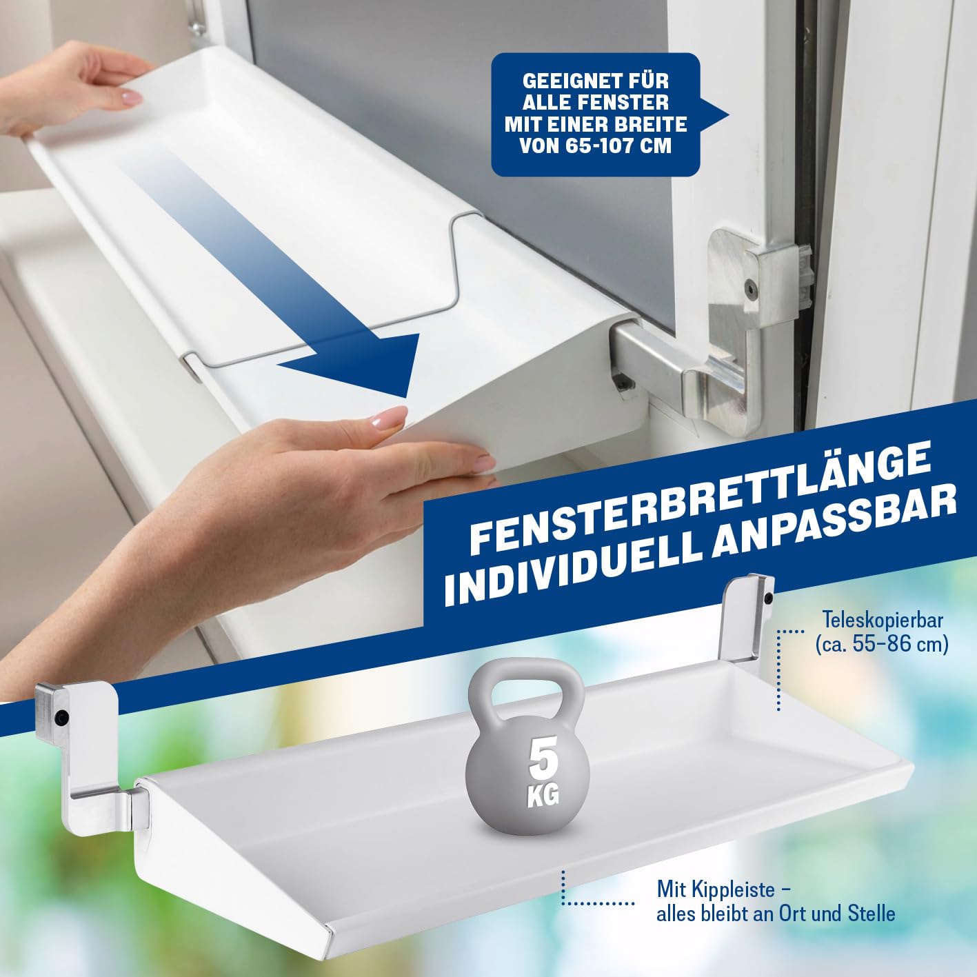 Flexible Fensterbank für fast alle Fenster | Lüften ohne Abräumen, ohne Bohren & Kleben, einfach einklemmen | Teleskop 55–86 cm für Fensterbreite 65–107 cm, bis 5 kg