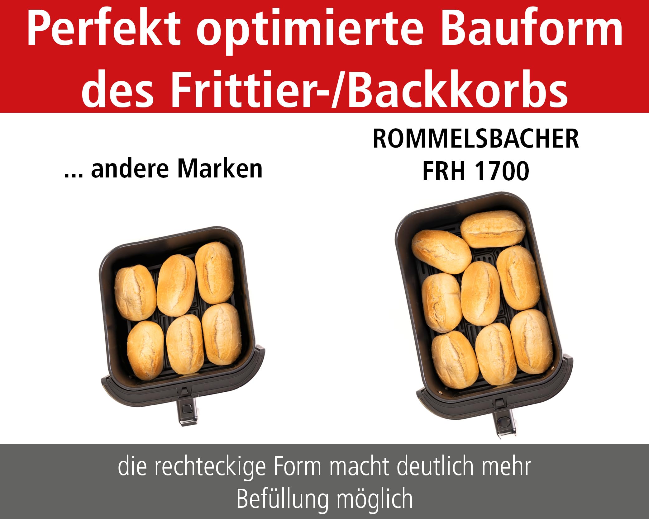 ROMMELSBACHER Heißluftfritteuse FRH 1700, XXL-Backraum 8 Liter (ca. 21 x 30 cm) für 1.000 g Pommes, sehr leiser Betrieb 45 db(A), 10 Programme, 60-200 °C, großes Sichtfenster mit Innenraumbeleuchtung