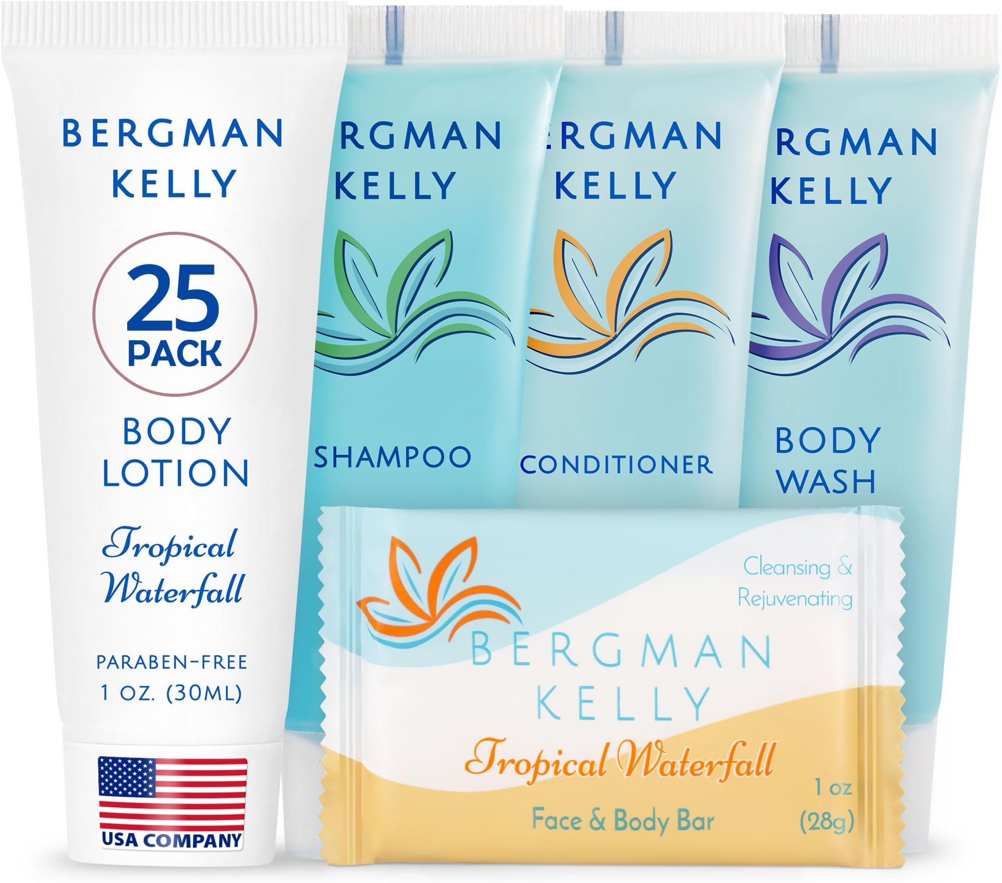 BERGMAN KELLY - Hotel Toiletries Bundle - Tropical Waterfall, 1 oz ea, 125 Pieces - 5-Piece Set: 25 ea Rectangular Bar Soap, Shampoo, Conditioner, Body Lotion & Body Wash - Bulk Mini Guest Amenities