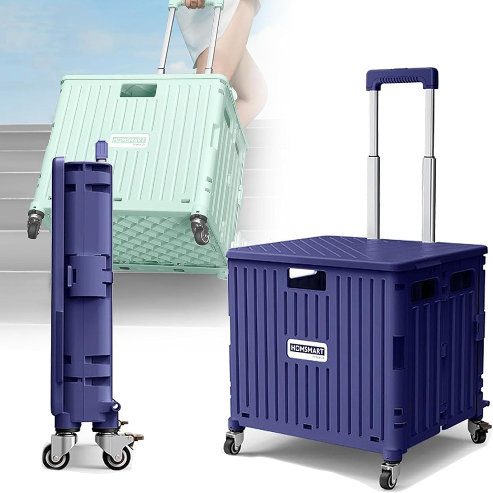 ROUNY Foldable Utility Rolling Shopping Cart, Portable Rolling Crate Handcart, Collapsible Grocery Storage Boot Cart Box with Hidden 4 Rotate Wheels for Travel Shopping Moving Storage Office Outdoor