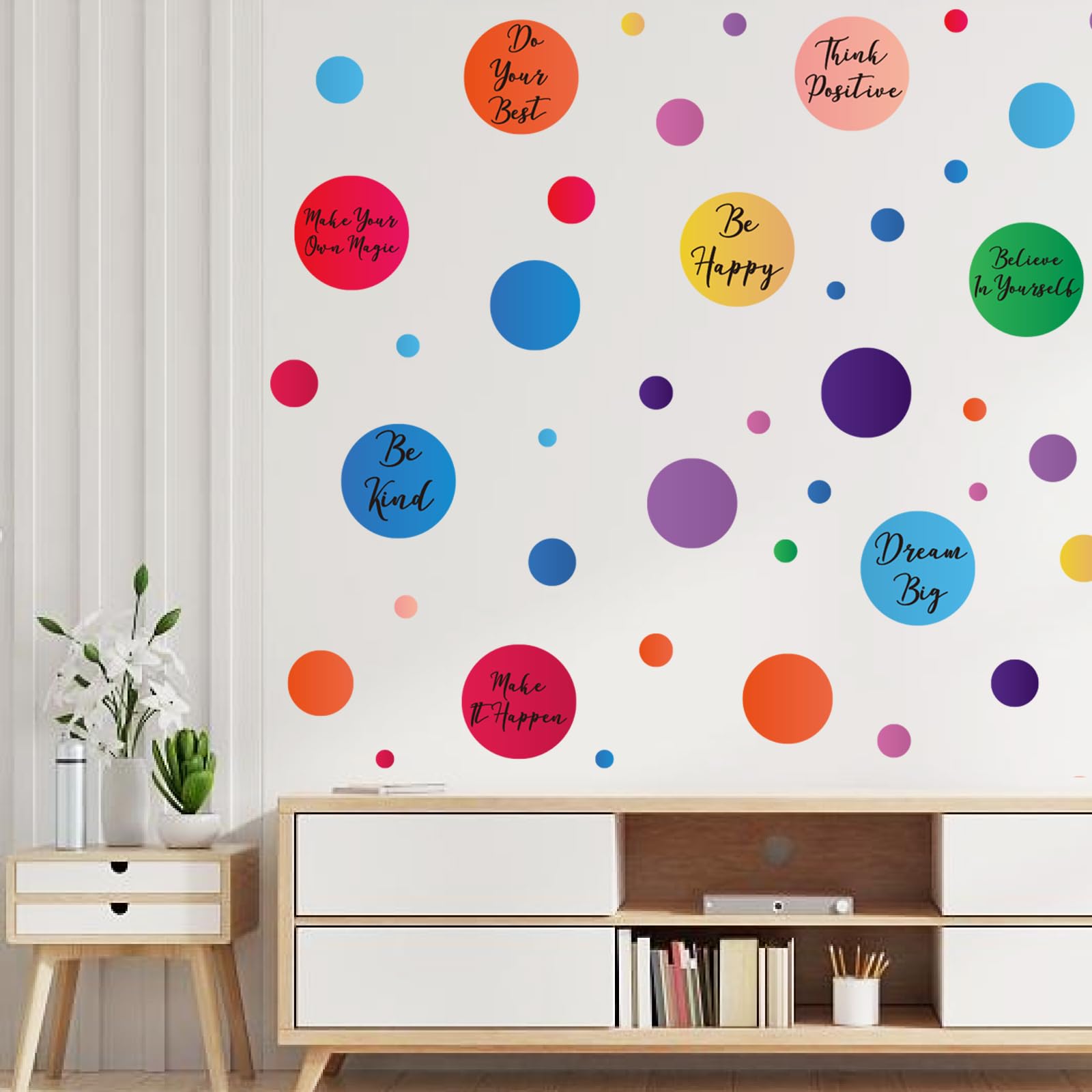 PLIGREAT 2 Sheets Colorful Polka Dot Wall Decals DIY Inspirational Quotes Removable Vinyl Stickers for Nursery Classroom Bedroom Living Room Home Background Wall Art Decor - Image 2