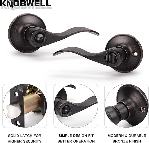 Miniatura 4 de KNOBWELL Paquete de 10 manijas interiores de bronce para puertas de privacidad, para bañodormitorio, palancas de puerta sin llave para izquierda o