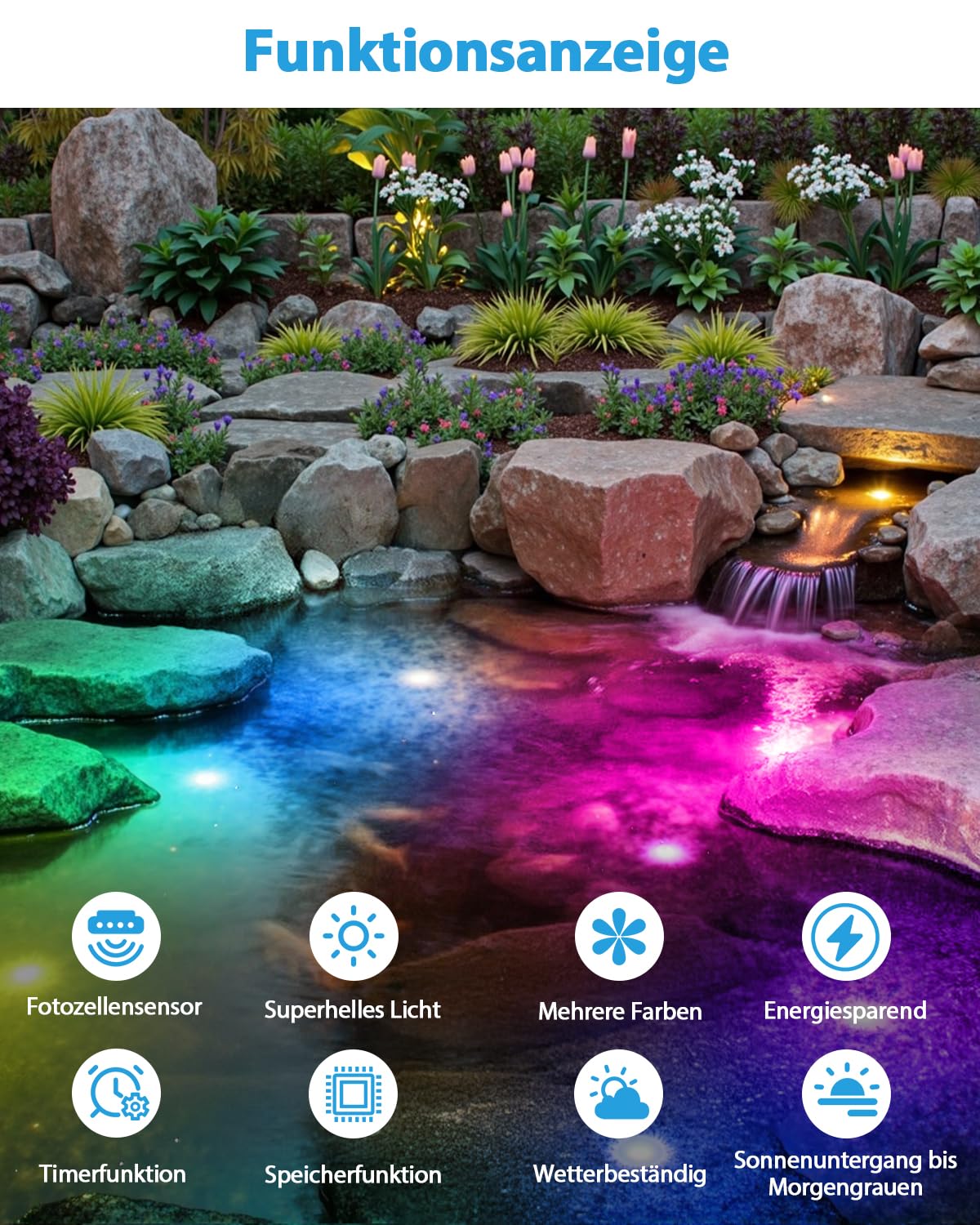 HIBOITEC LED RGB Teichbeleuchtung IP68 Wasserdicht mit Photozellensensor und Timer Niedervolt Transformator