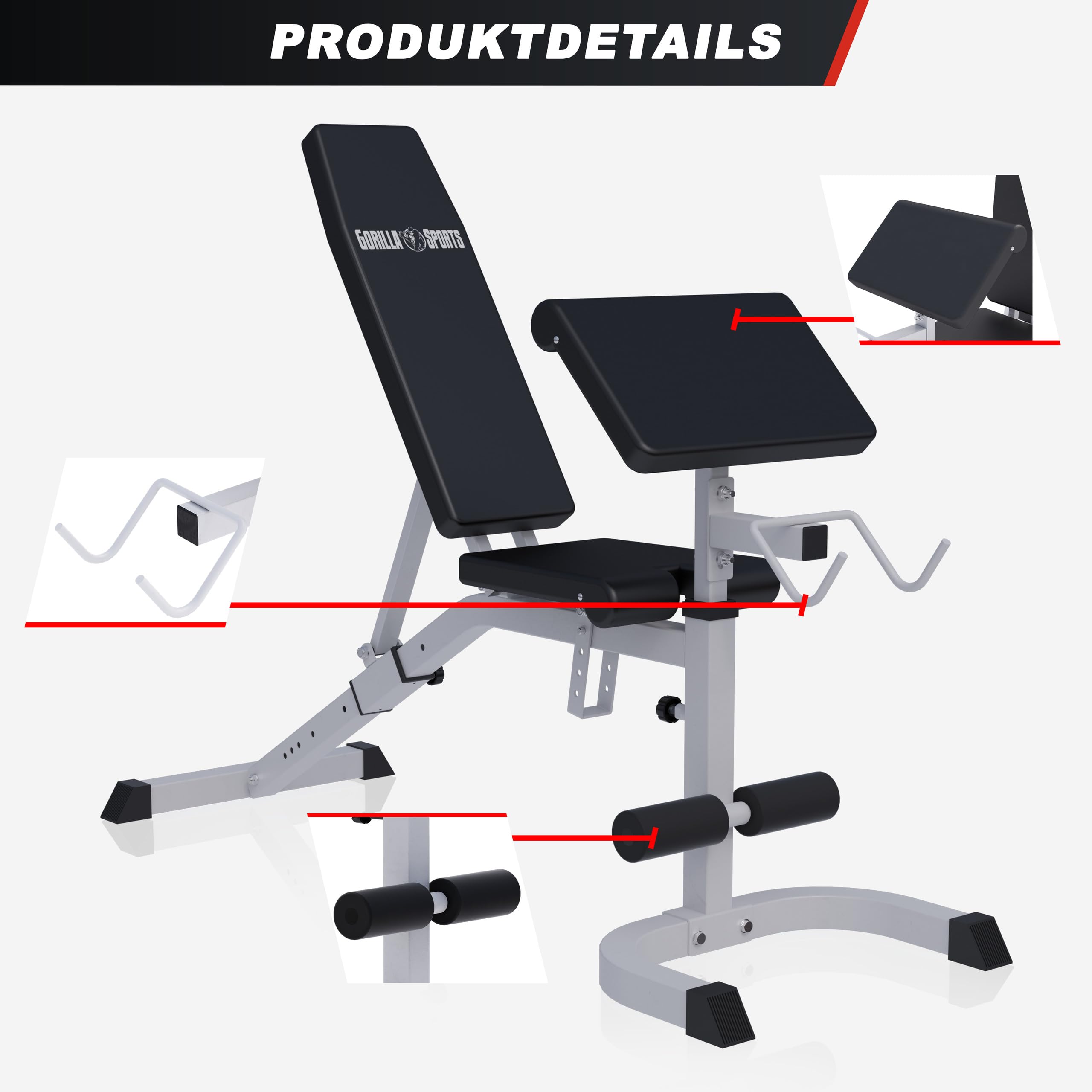GORILLA SPORTS® Panca Palestra - Multifunzione, Regolabile, Piana, Inclinabile, con Supporto Curl per Braccia, Nero - Panca Pesi Inclinata, Allenamento a Casa, Addominali, Home Gym