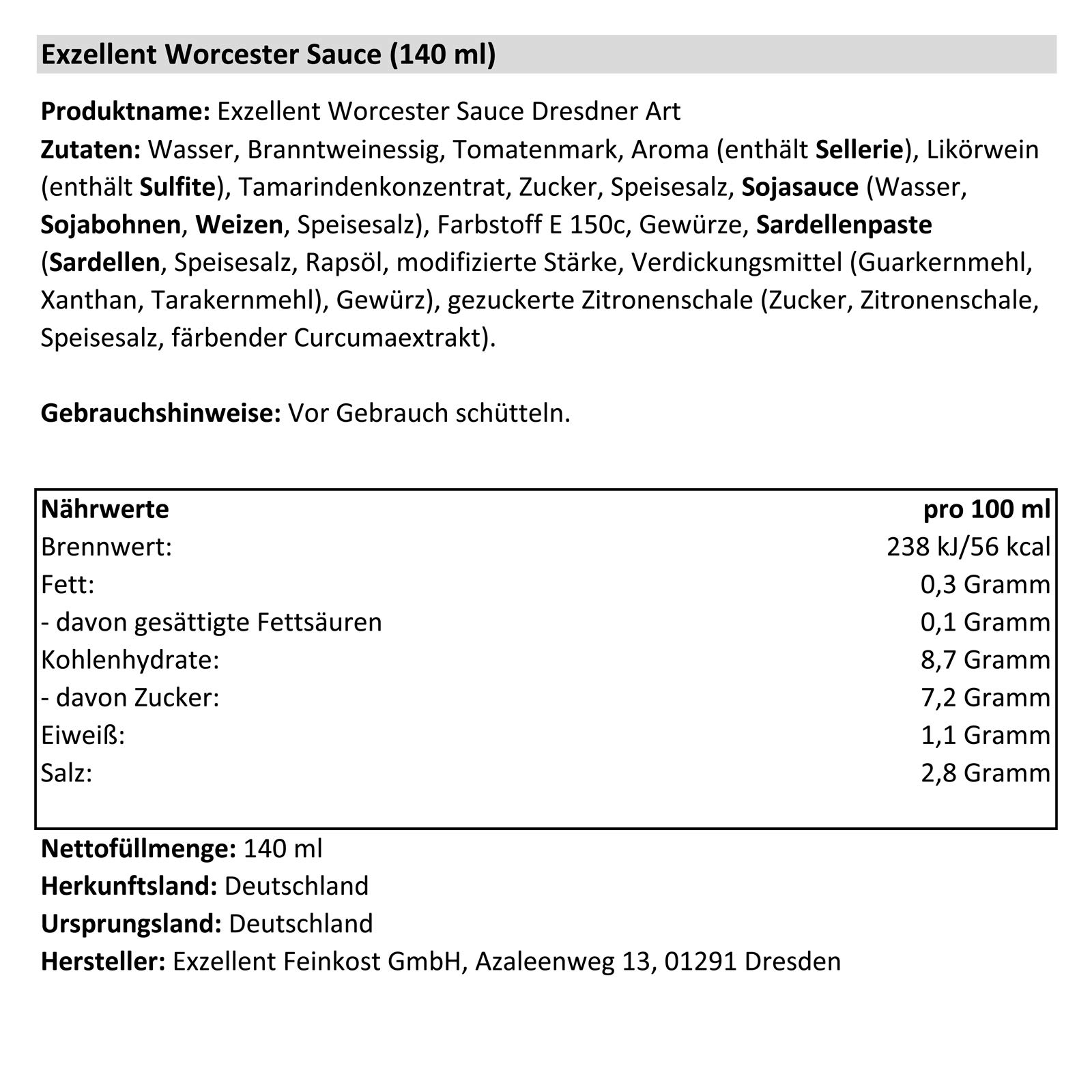 24er Pack Exzellent Worcester Sauce Dresdner Art (24 x 140 ml)