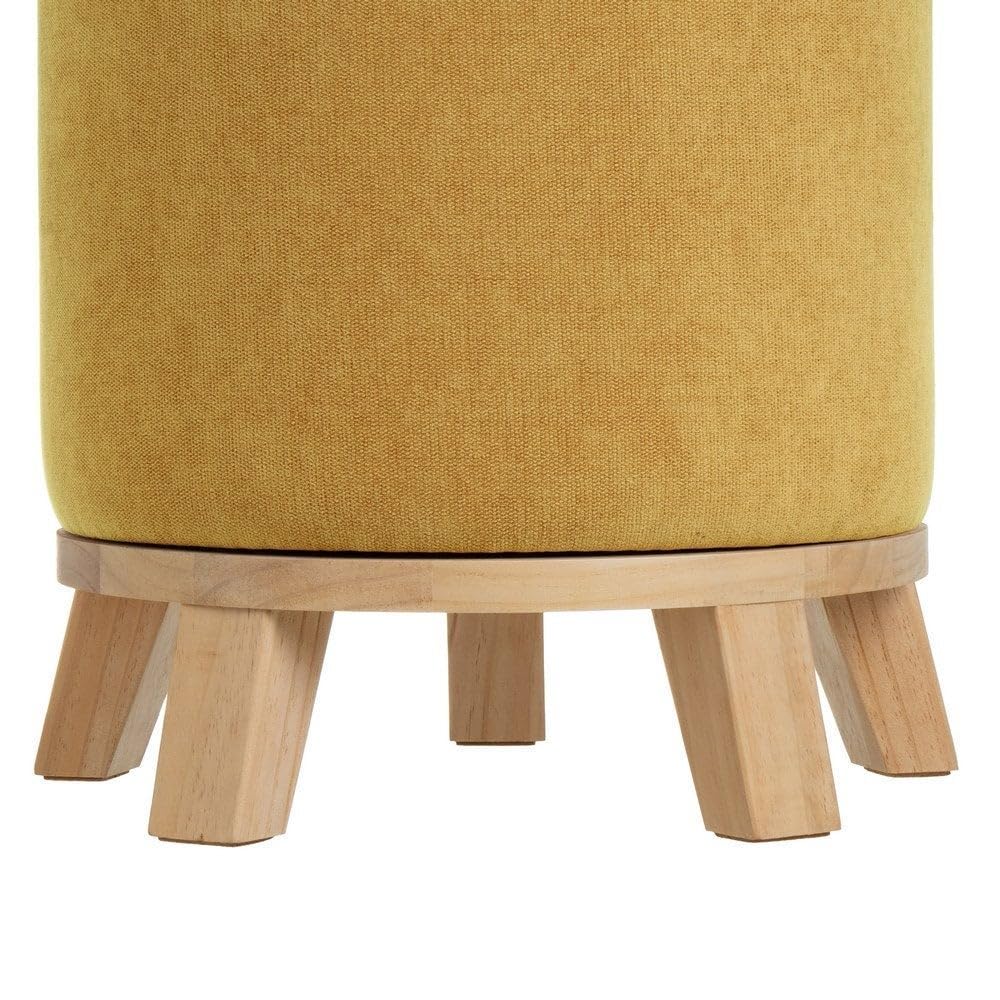 Puff Taburete Redondo tapizado en Chenilla Mostaza con Patas de Madera de 40x45 cm. Úsalo como reposapies o Asiento para tocador. Incluye Patas de Madera de 10 cm. Resiste 100 kg.