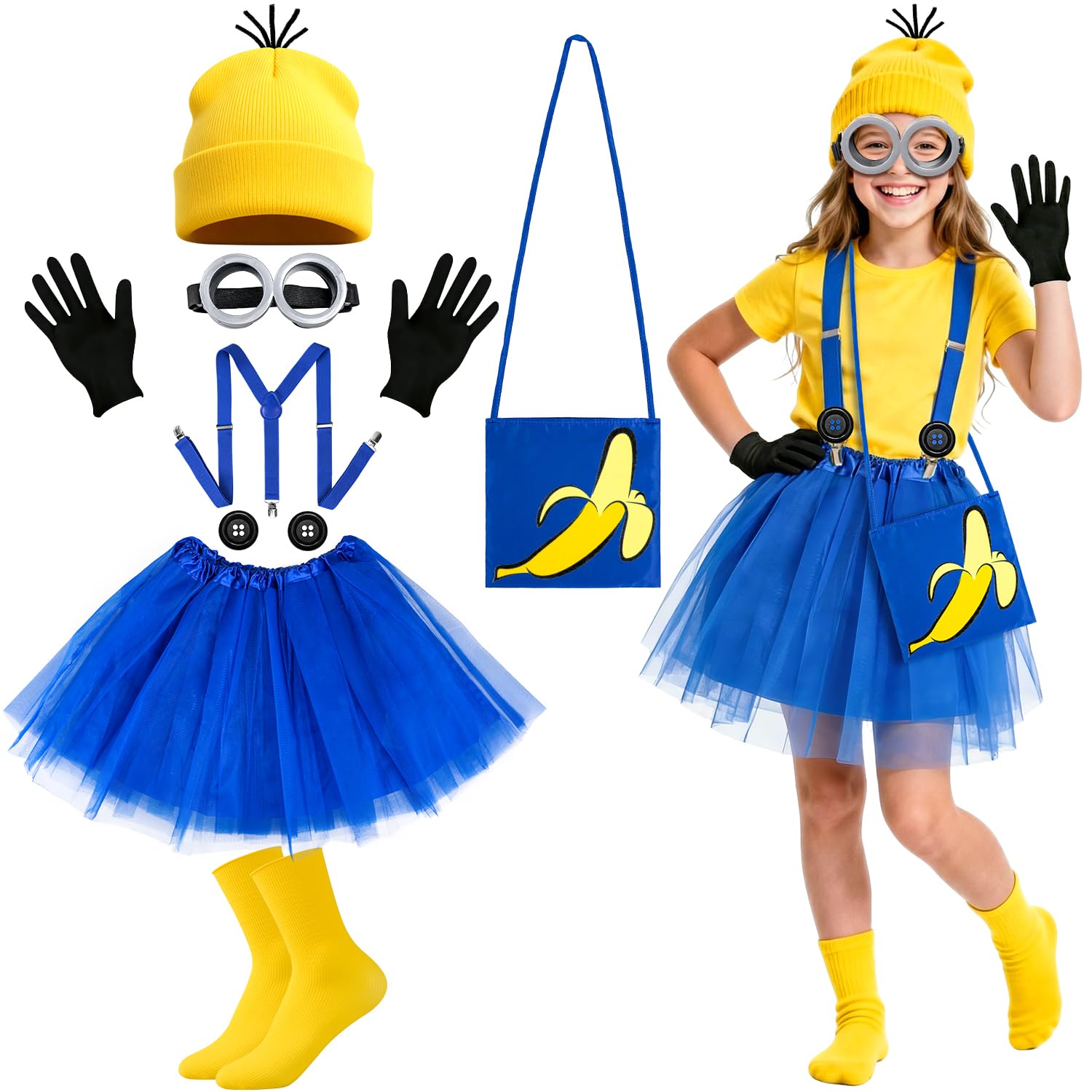 iZoeL Yellow Costume Girls World Book Day Costumes Kids Movie Fancy Dress, Beanie Goggles Tutu Skirt Shoulder Bag