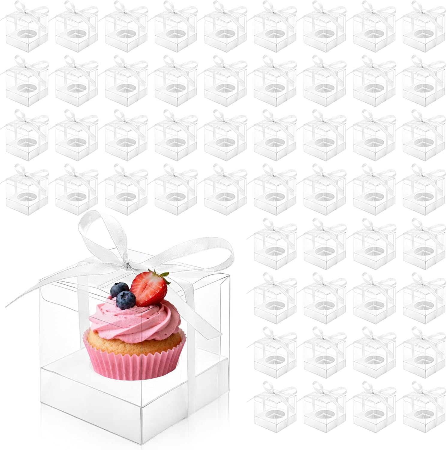 50 Pcs Clear Cupcake Box Individual, 3.5 Inch Plastic Single Cupcake Container, Cupcake Storage Holder Carrier with Ribbons Inserts, Ornament Candy Gift Box for Mother's Day Party Wedding Baby Shower