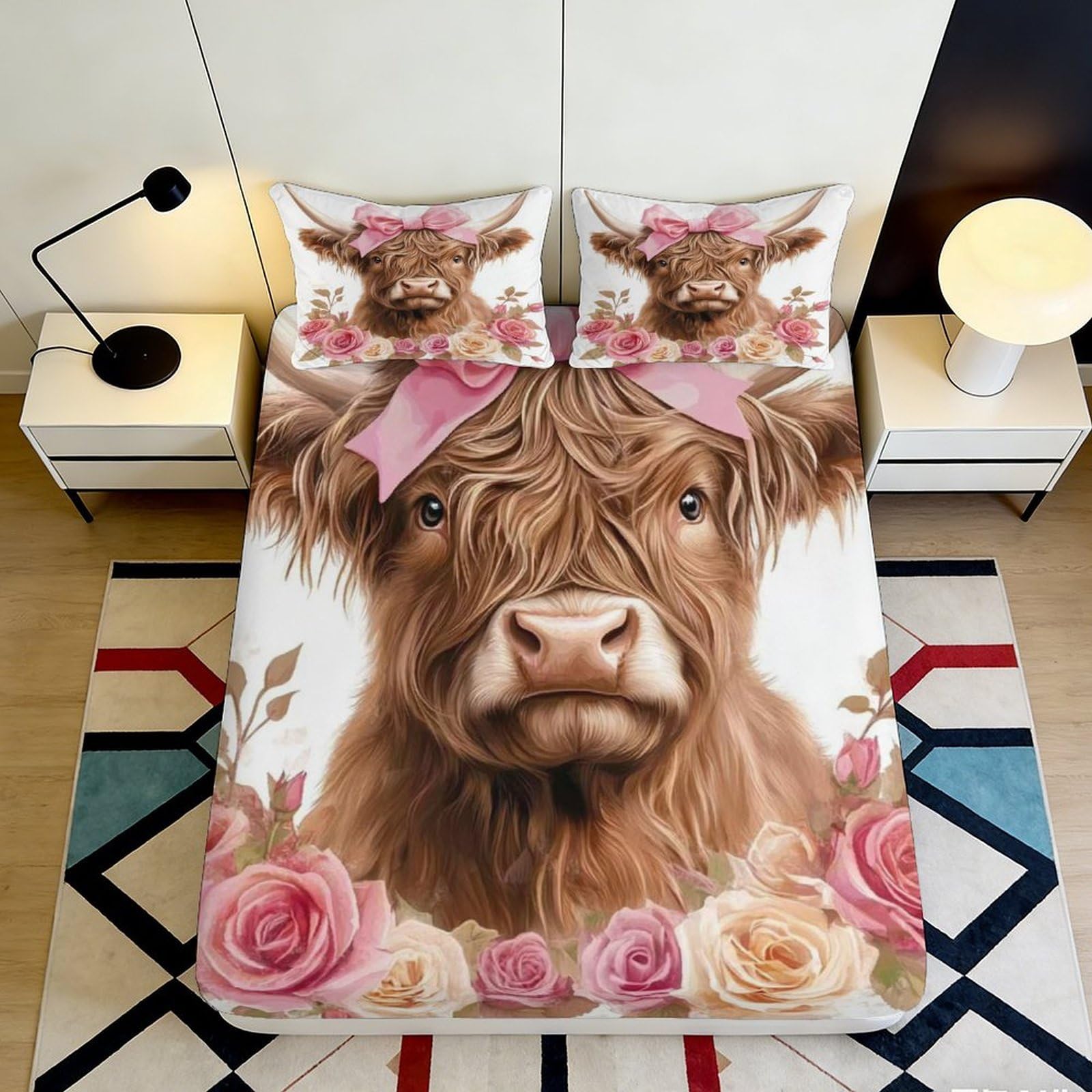 3D Printed Highland Cow Rose Fitted Sheet Microfiber Deep Pocket Bedroom Bedding Highland Cow Mattress Fitted Cover 180x200x25cm