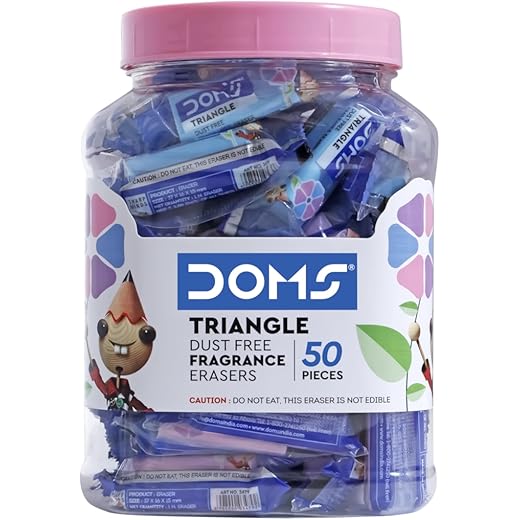 Doms Triangular Dust Free Fragrance Eraser Jar Pack | Clean, Dust Free & Good Erasing | Lesser Flakes & Non-messy Erasing | Always Catches People's Eye | Pack of 50 Pieces