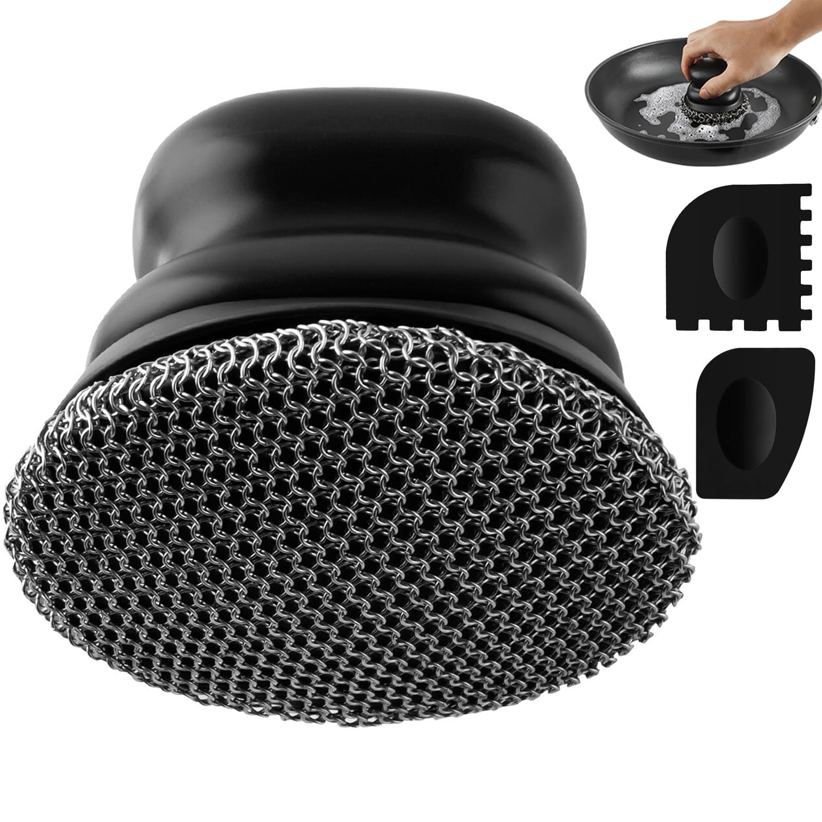 Scrubber for Cast Iron Pan, Pot Cleaner with 2 Scrapers,Chain Mail Cleaning Brush for Dishes, Pots, Pans, Griddles, Grills (Black, Small Chain Mail)