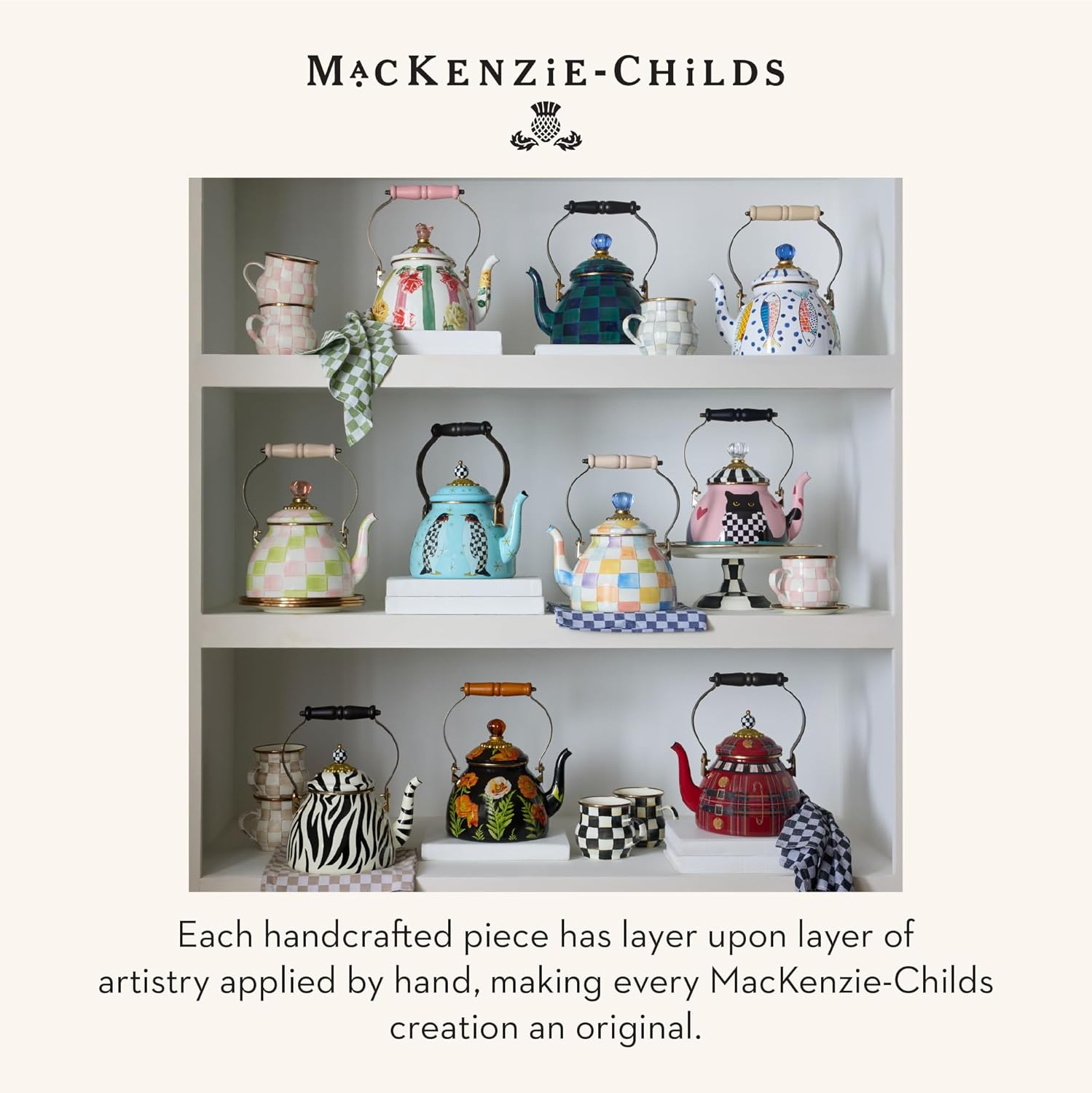 MACKENZIE-CHILDS Enamel Tea Kettle, Cute Tea Kettle for Stovetop, 2 Quarts, Dark Green-and-Blue Juniper Check