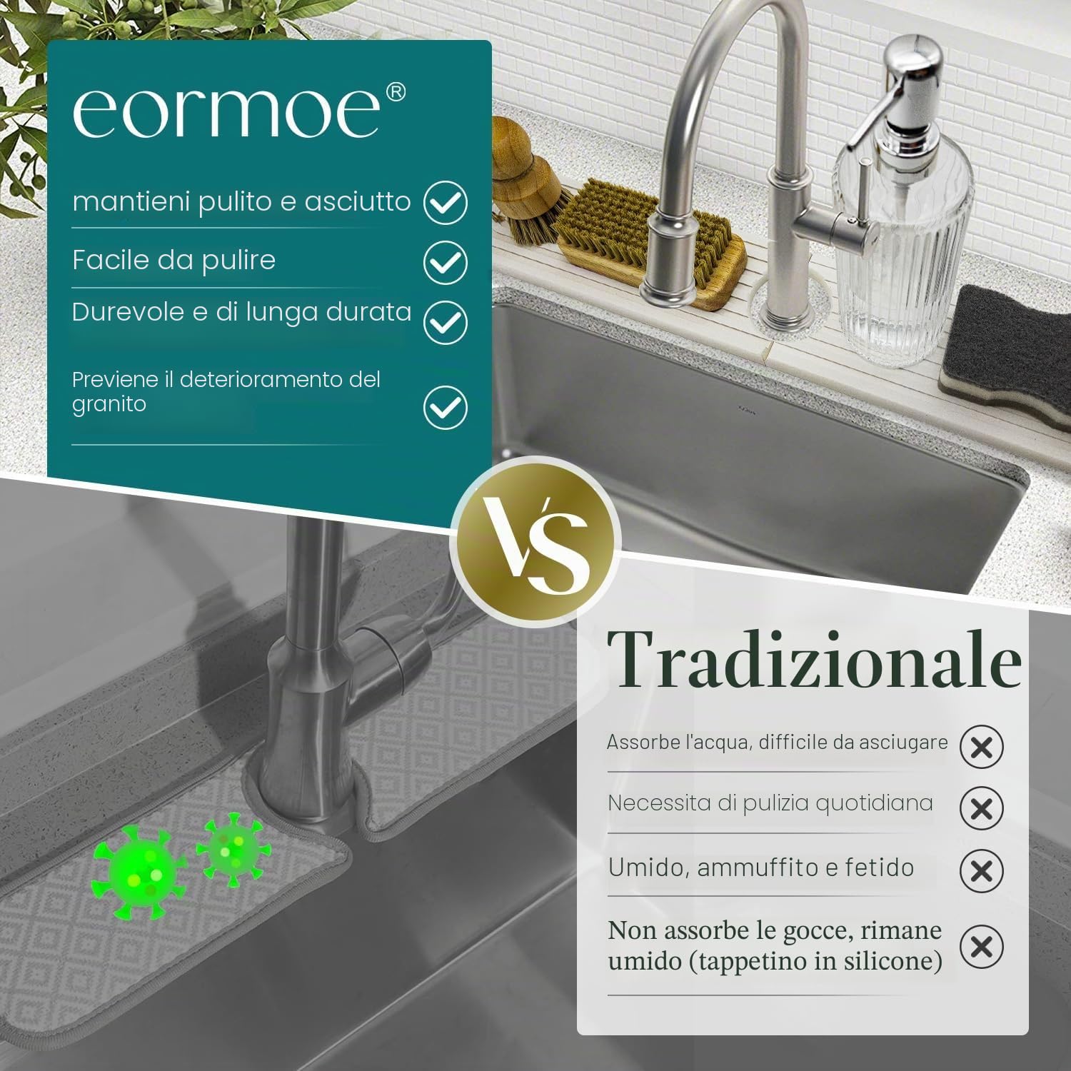 Vassoio per lavello in pietra ad asciugatura istantanea, ad asciugatura rapida, paraspruzzi per cucina, tappetino assorbente per rubinetto del bancone del bagno (grigio scuro, 60 x 10 cm)