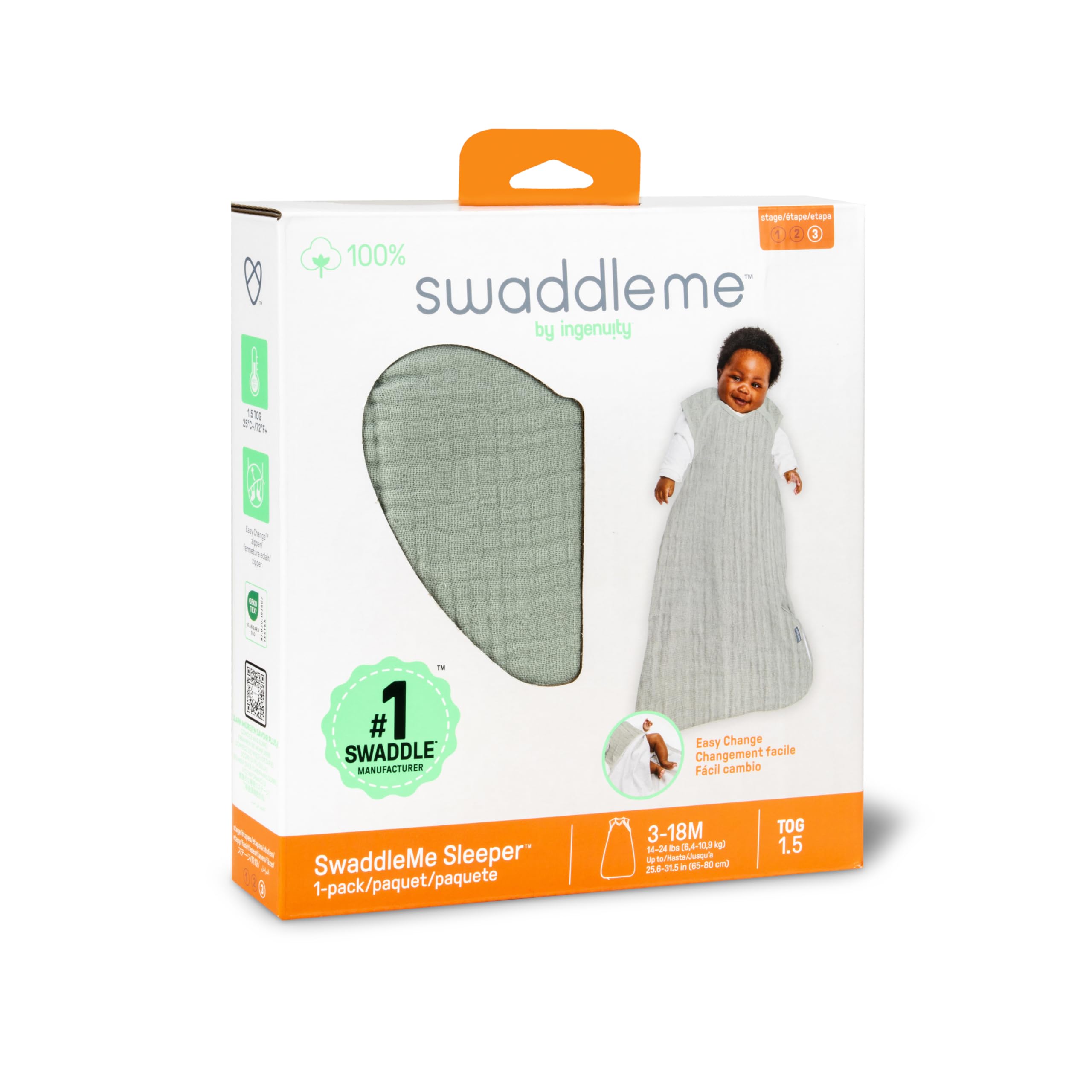SwaddleMe by Ingenuity, Saco de dormir de muselina, para edades entre 3 y 18 meses, entre 6,35 y 11 kilos, 1 TOG, 1 unidad - Musgo