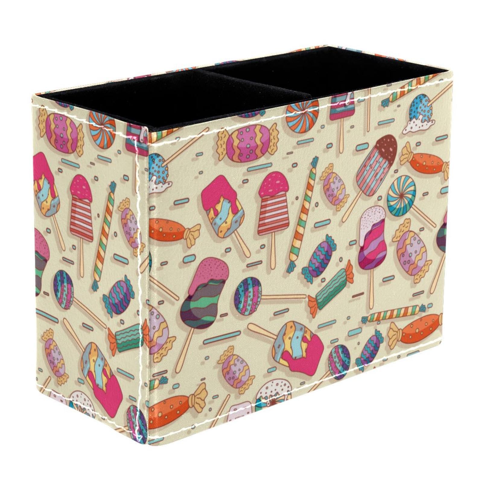 VAPOKF Sweety Candy Pattern Pen Holder for Desk, 2 Compartments Pen Pot Pencil Holders Makeup Brushes Storage Desktop Stationary Supplies Organiser for Home Office