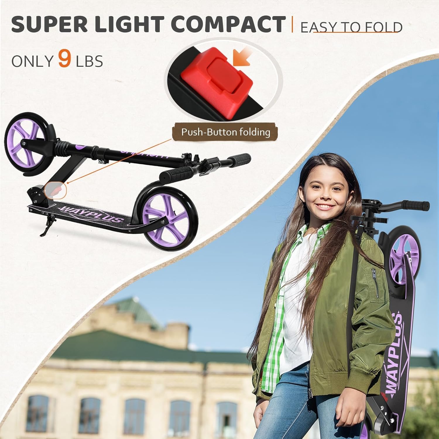 WAYPLUS KS1 Kick Scooter for Ages 6+,Kid, Teens & Adults. Max Load 240 LBS. Foldable, Lightweight, 8IN Big Wheels for Kids, Teen and Adults, 4 Adjustable Levels. Bearing ABEC9 FED Fitness
