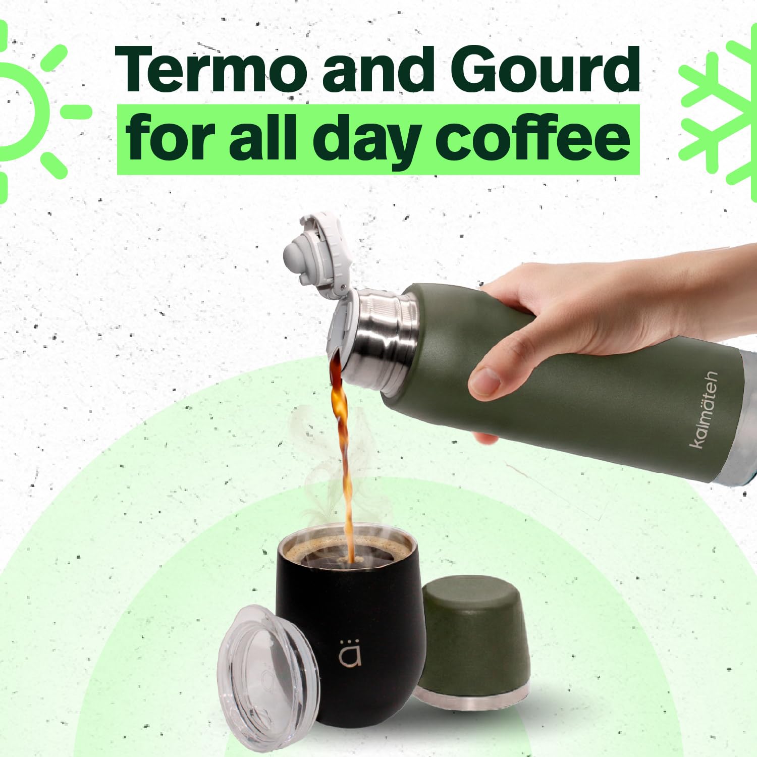 KALMATEH Termo de acero inoxidable con aislamiento al vacío de doble pared (760 ml), vertido preciso y retención de calor, para yerba mate, café, té, camping (verde militar)