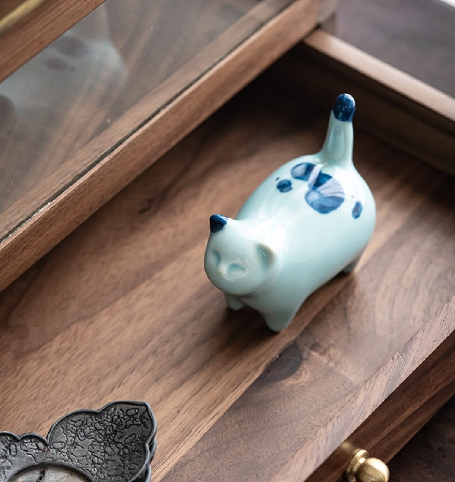 Scultura di figurine di gatto blu in ceramica artigianale Ornamento di animali Decorazioni per la casa in hotel Regalo di nozze