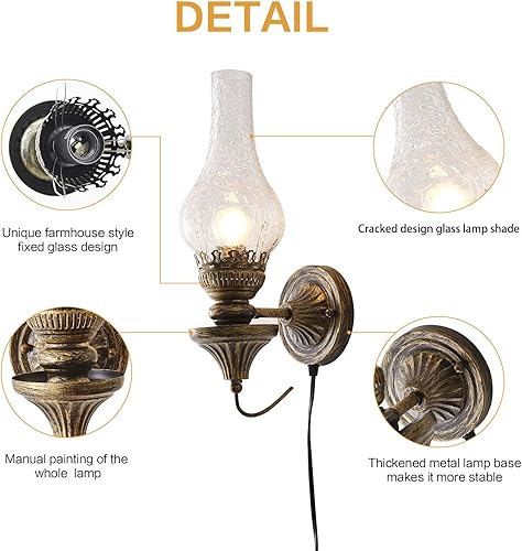 Miniatura 6 de Aplique de pared vintage de 16 pulgadas con enchufe, estilo rústico antiguo, lámpara de pared de mesita de noche, bronce aceitado, iluminación de