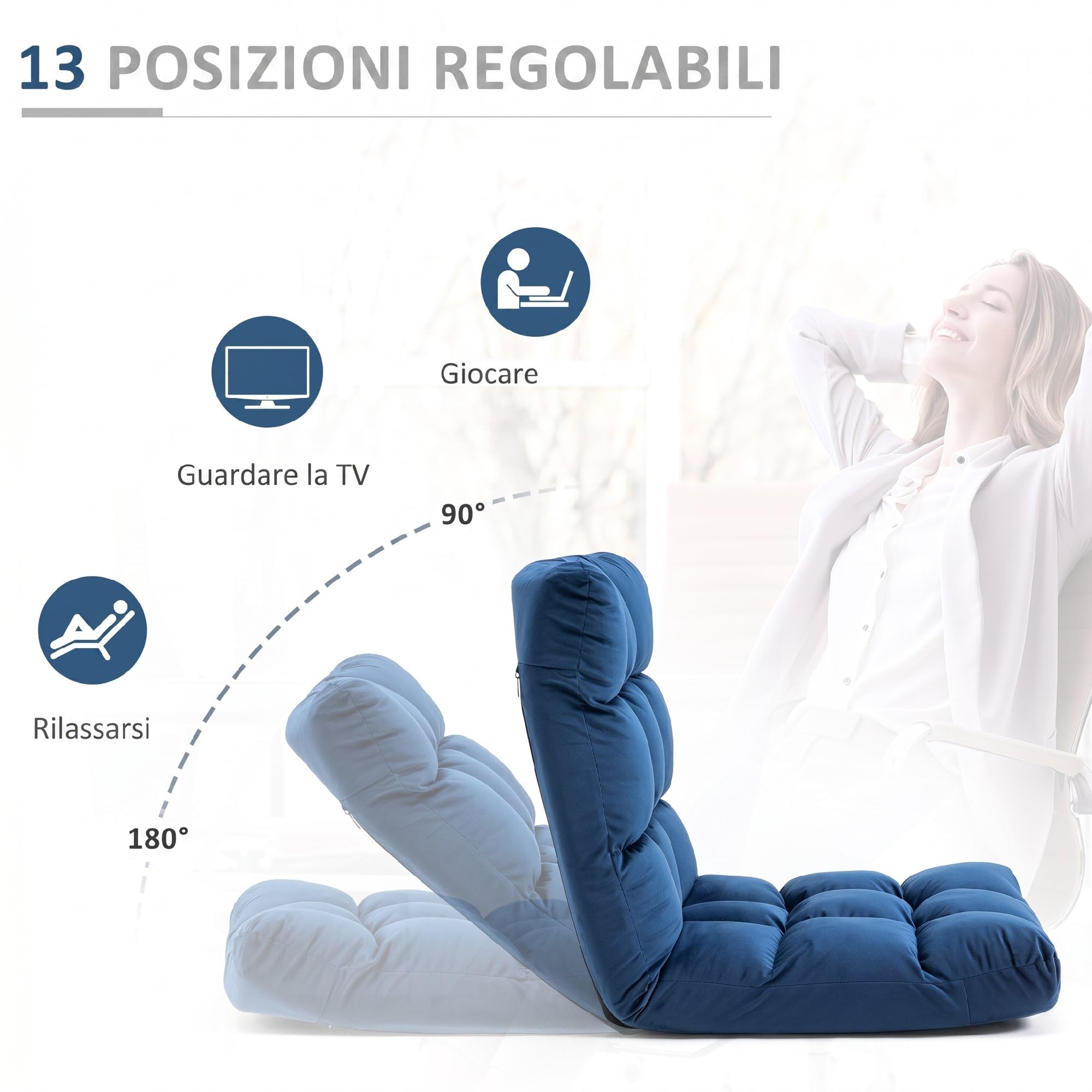 HOMCOM Poltrona da Terra Reclinabile 180° in Velluto, 55x71x53.5cm Blu | Sedia da Pavimento, Imbottitura Spessa, Camera da Letto, Ufficio, Soggiorno