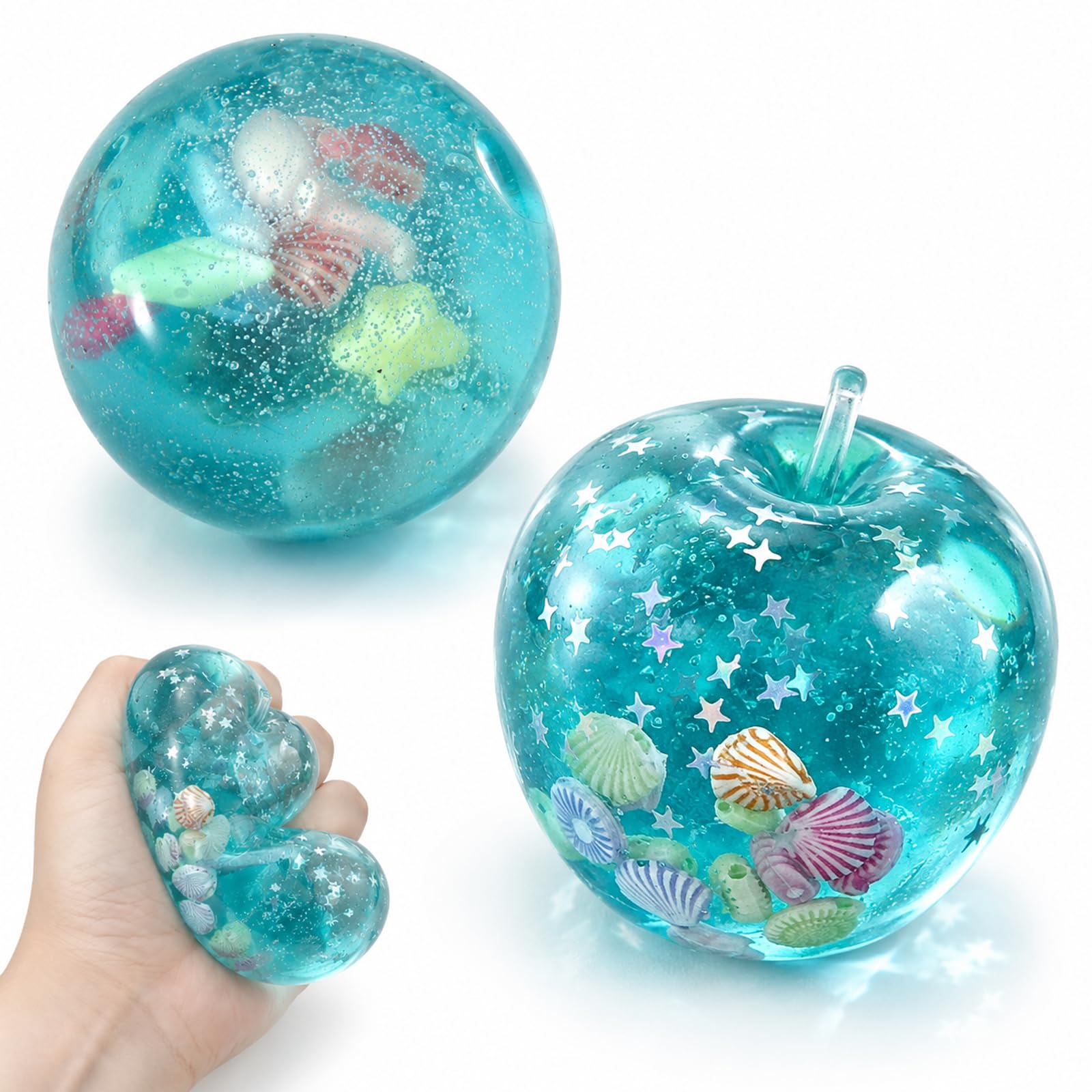 2Pcs Transparent Blue Slushy Apple Squishy & Round Shell Squishy, Pocket Fruit Shaped Desktop Ornament for Daily Leisure