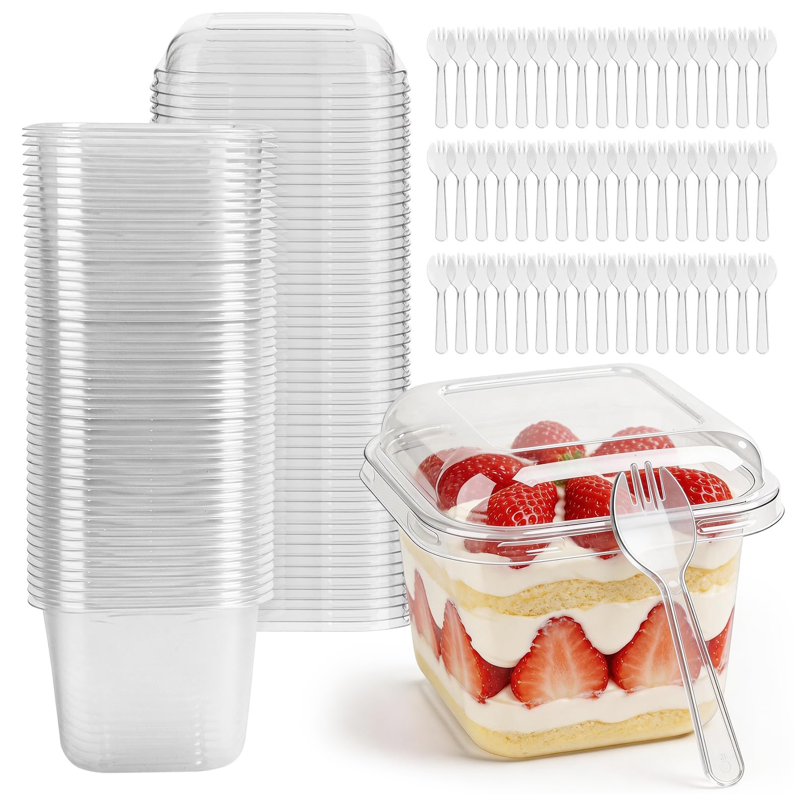 ZEFAN 50 sztuk plastikowych szklanek deserowych z 50 sztukami łyżek, 300 ml szklanki deserowe z pokrywką, kwadratowe plastikowe kubki z pokrywką, wielokrotnego użytku plastikowe kubki deserowe do