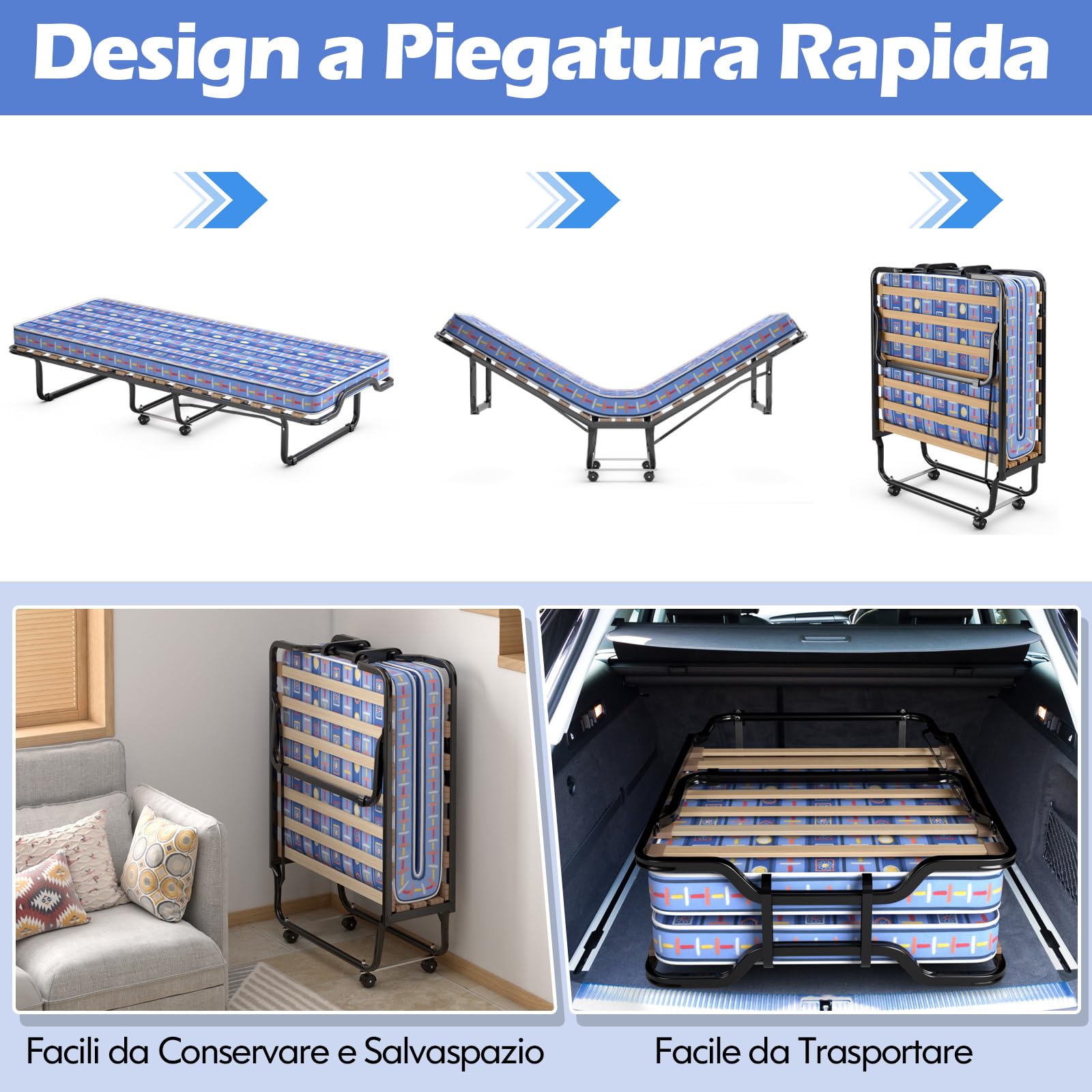 GYMAX Brandina Pieghevole con Materasso 10 cm, 200 x 80 x 40cm, Carico 130 kg, Materasso Memory, a 15 Doghe, Made in Italy (BLU)