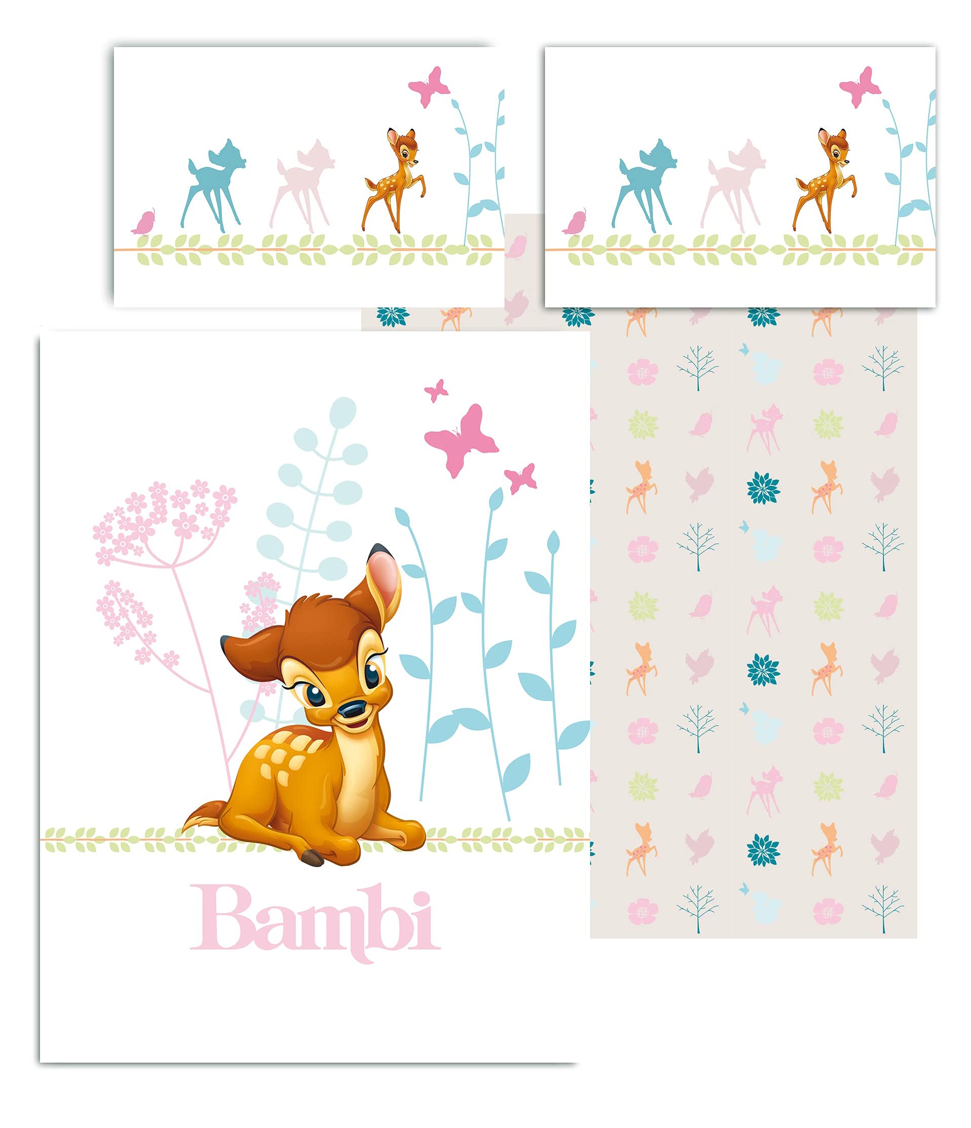 Parure de lit Disney Bambi 100% Coton pour Lit Bébé ou Junior - Housse de Couette 100x140 cm + Taie d'oreiller 40x60 cm