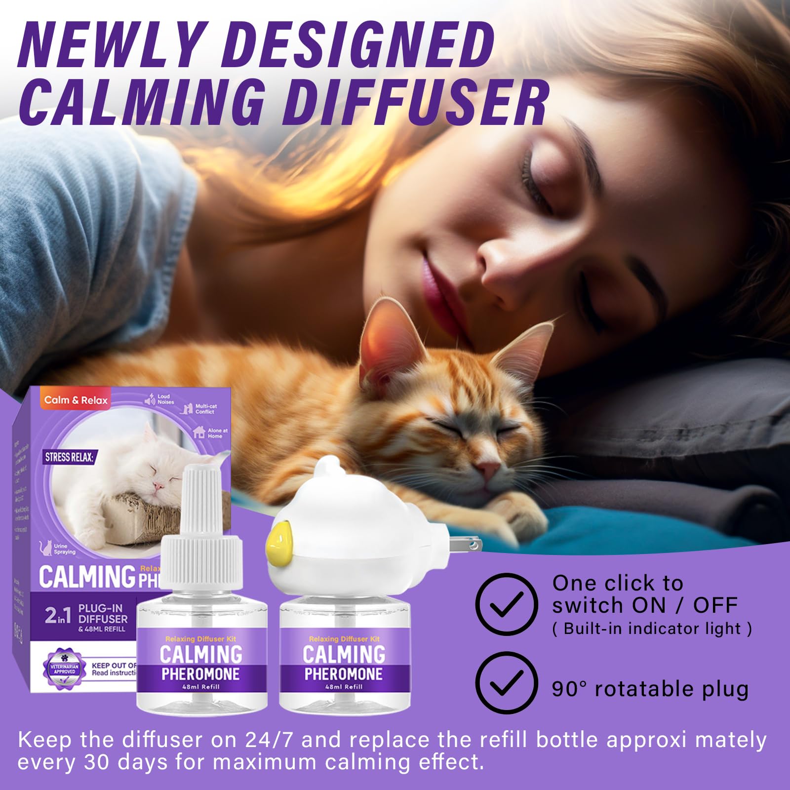 Feromoni per Gatti, 2 Ricariche 48 ml, Adatto per Più Gatti | Diffusore di Ferormoni per Gatto per Ridurre Graffi e Marcature, Soluzione Relax per Gatti per 60 Giorn