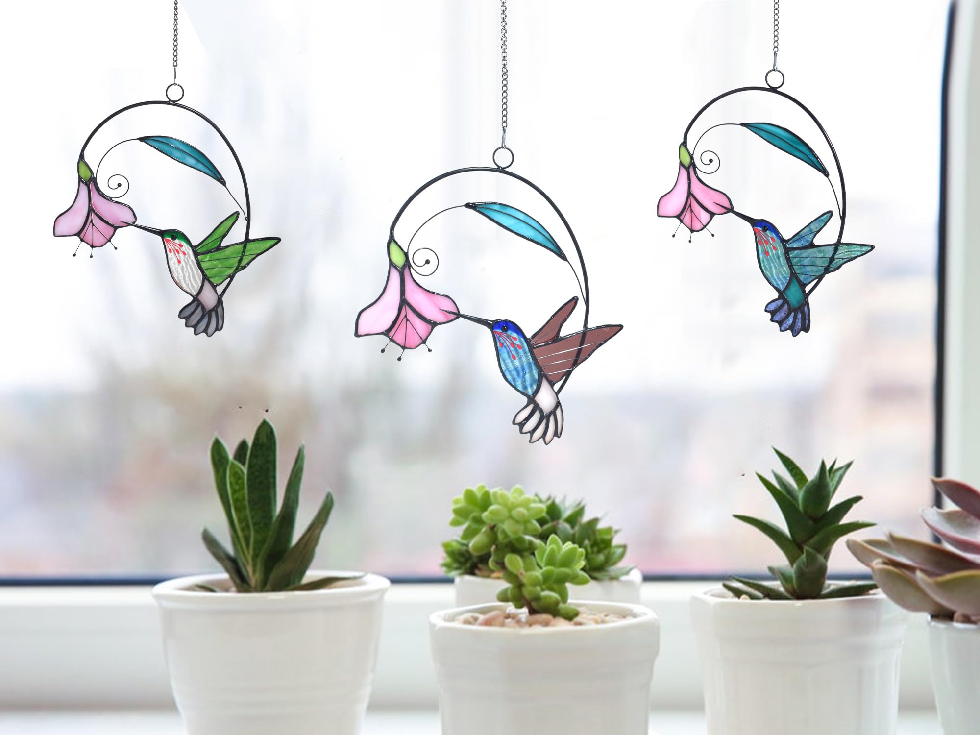 Lolitarcrafts Buntglas-Fensterbehang mit Blumen, Vogel-Sonnenfänger für Fensterdekoration, Kolibri-Geschenke für Mutter, Vogelliebhaber (Grün mit Blume A)