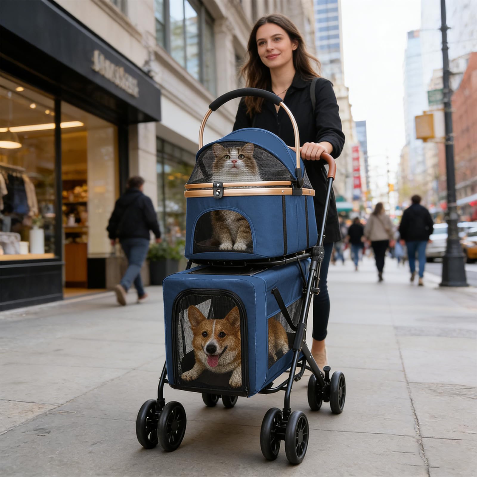 Homewell 2 in 1 Hundewagen, Hundebuggy, Doppelstöckiger Haustierbuggy, Kinderwagen für Katzen/kleine Hunde, Jogger Buggy für Haustiere mit Netzfenstern, Bis 40kg (Blau)