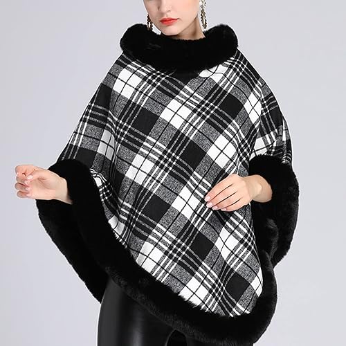 Miniatura 2 de Gihuo Poncho a cuadros para mujer, abrigo cálido de invierno con ribete de piel sintética, elegante capa de chal, chales