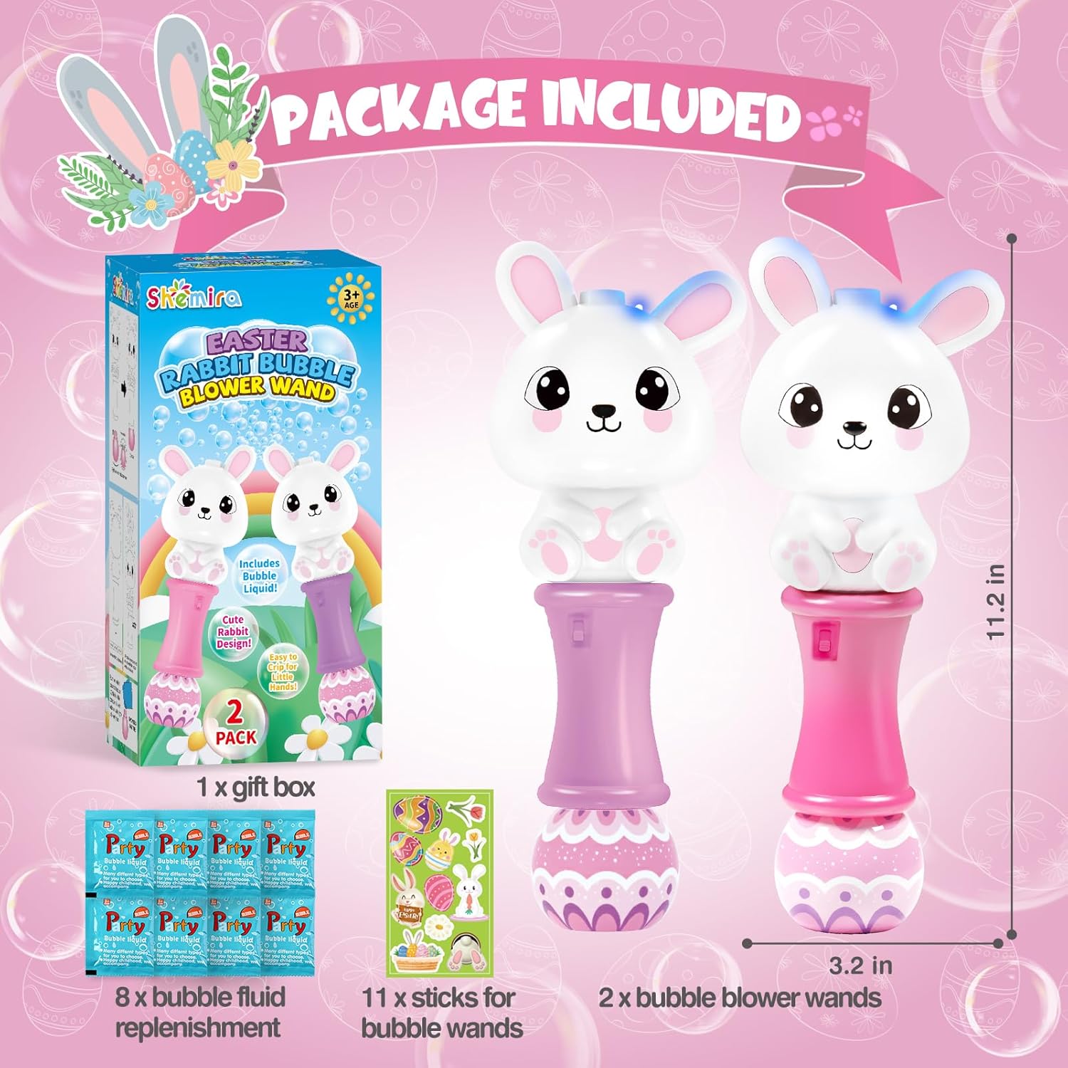 Shemira 2 Pack Bubble Wands for Kids, 11.2 inches Automatic Bubble Blower with Light, Bubbles Maker Toys with 4 Solution Sticker, Bunny Bubbles Wand for Girls, Summer Outdoor Indoor Activity