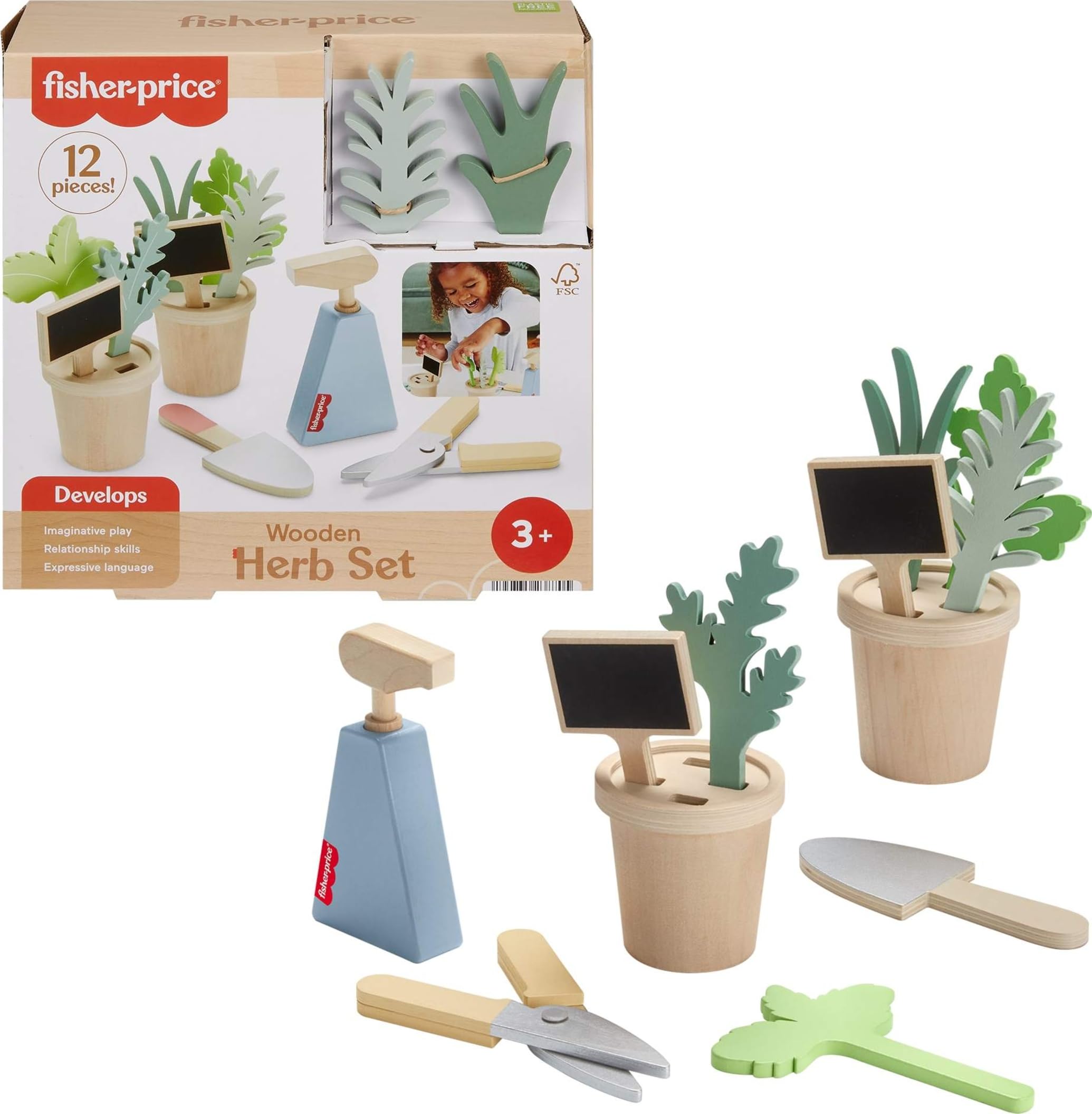Fisher-Price Wood Pretend Play Toy Herb Garden & Tools Set, 12-Piece Wooden Playset for Preschool Kids Ages 3+ Years