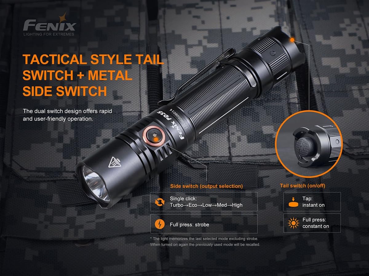 Fenix PD35 V3.0 LED-Taschenlampe, Taktische Kleine Gerade Taschenlampe, 1700 Lumen, 357m Leuchtweite, 230 Stunden Leuchtdauer, 5 Helligkeitsstufen und Strobe, IP68 Schutz, schwarz, Multi-Szenarien