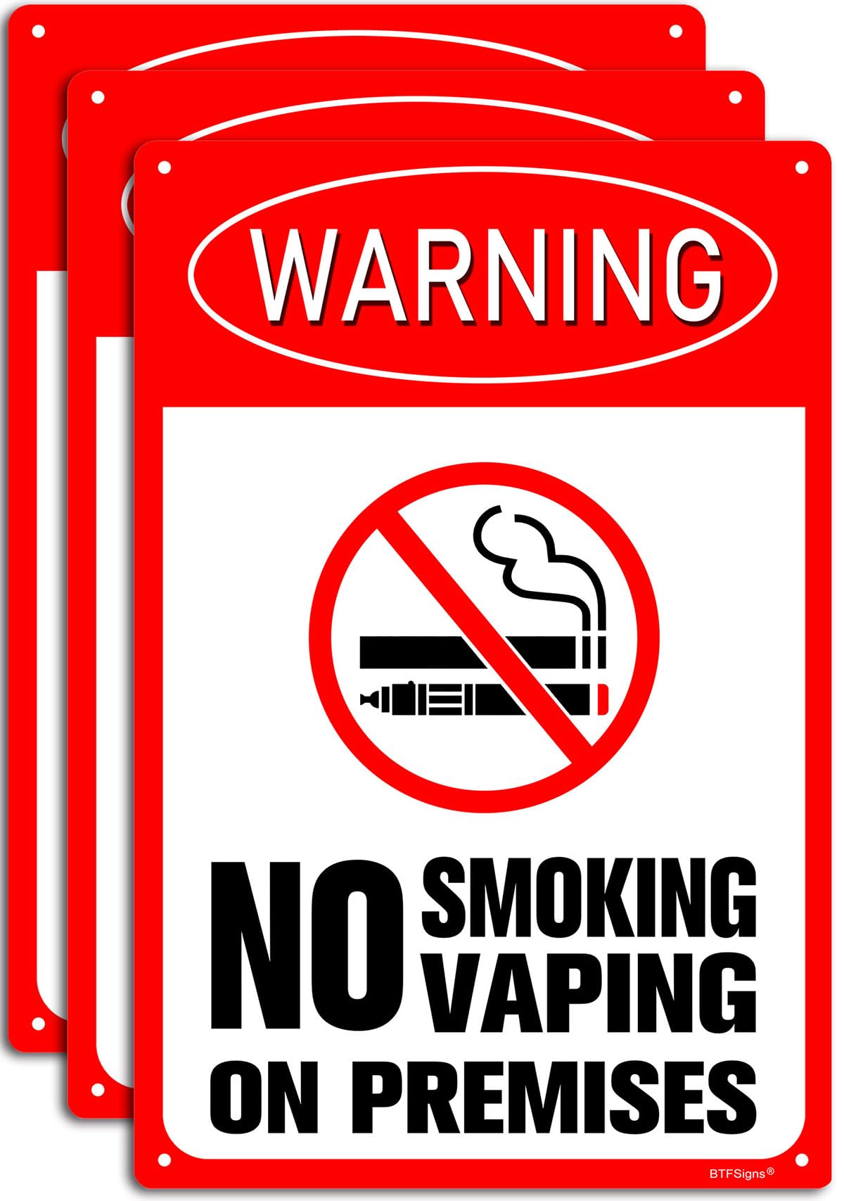 (3 pack) No Smoking No Vaping On Premises Sign, 8"x12" Aluminum Warning Signs Conspicuous Red 4 Pre-drilled Holes