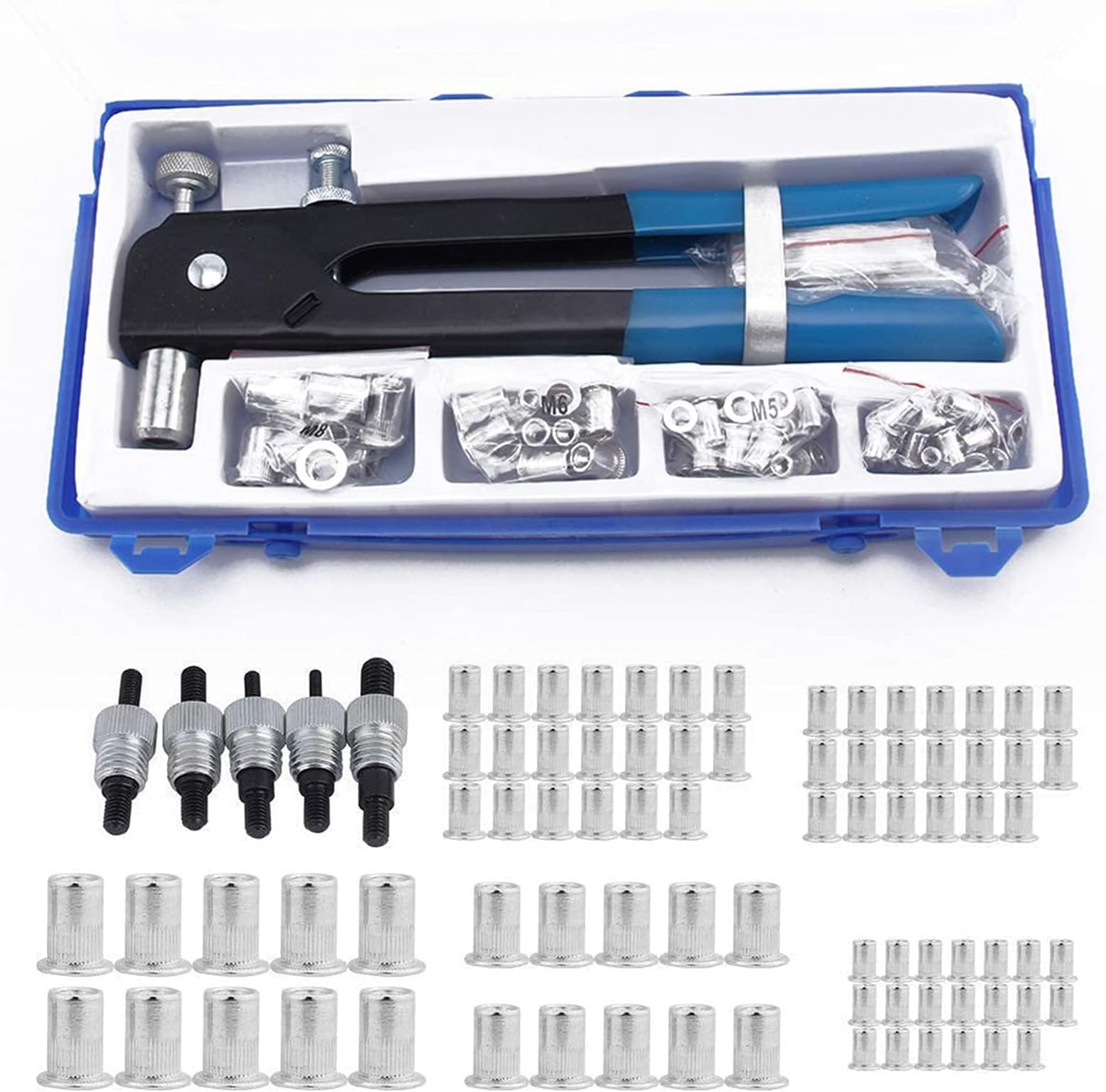 KingSaid 86 Pcs Rivet Nut Gun Tool Kit Heavy Duty Blind Rivet Nut Tool Hand Riveter Gun Wrench Threaded Insert M3 M4 M5 M6 M8