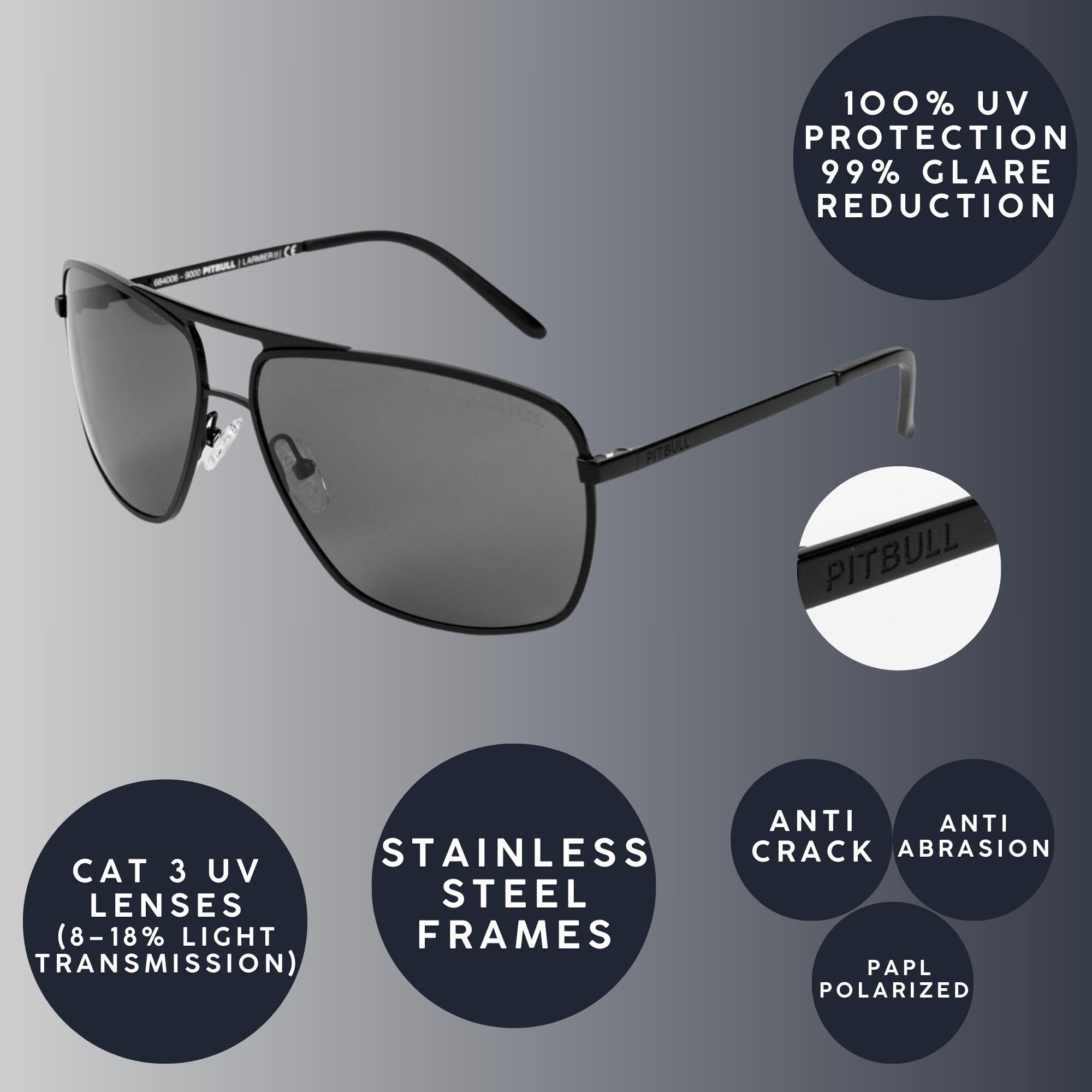 PITBULL - Herren Sonnenbrille LARMIER, Polarisierte Gläser TAC, 100% UV-Schutz, Edelstahl, Pilotenstil, Kratzfest, Sunglasses mit Etui