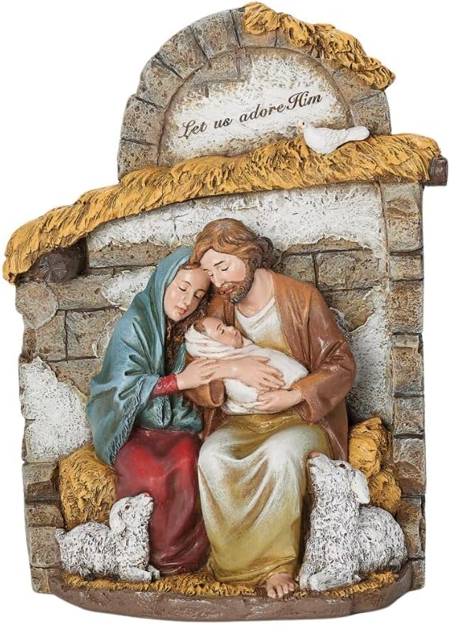 Roman Mary & Joseph with Baby in Crèche – Hand-Painted Holy Family Nativity Scene – Inspirational Christian Christmas Decoration, 10 Inches