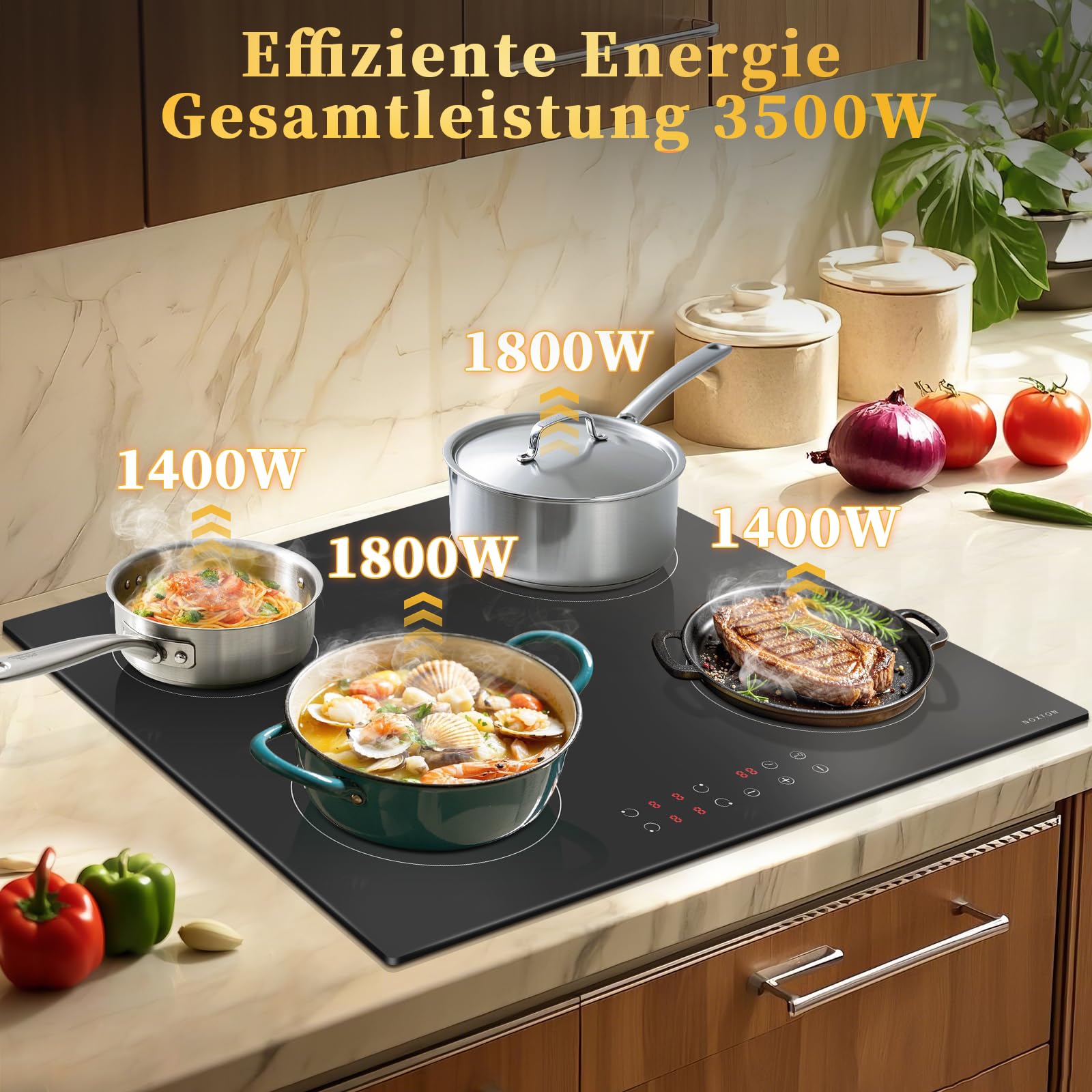 NOXTON Induktionskochfeld 60 cm 4 Platten 3500W Touch Timer Kindersicherung