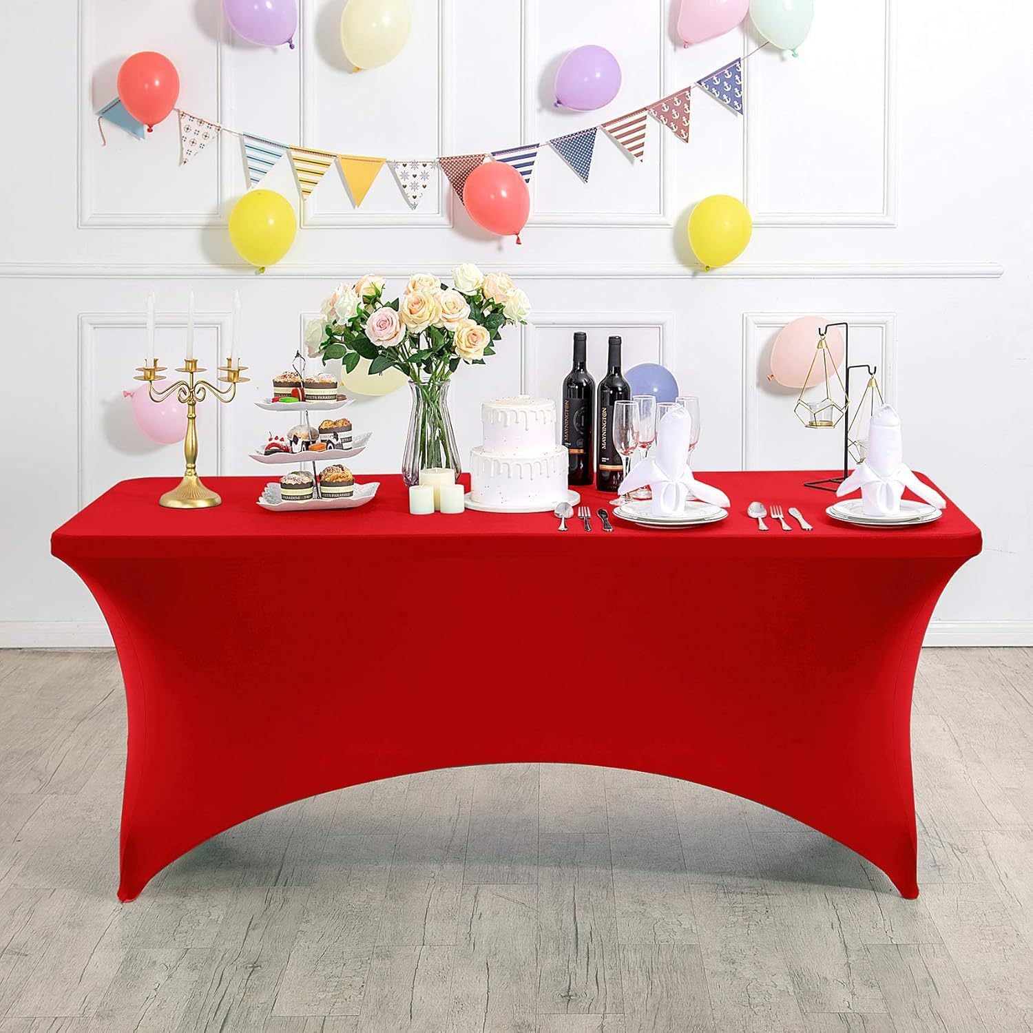 PRK 14 Red Spandex Tablecloth 6ft Tight Fitted Washable Stretch Table Cover Rectangular for Dinner Wedding Banquet Events Birthdays Party Cloth